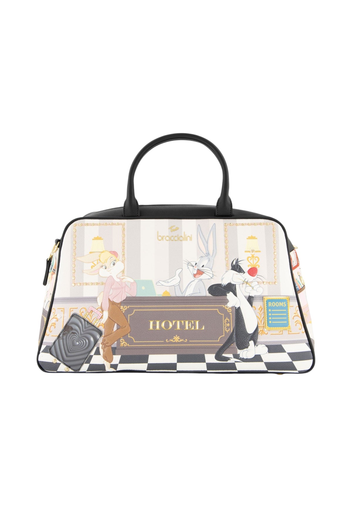 Borsa A Mano Donna Braccialini A Bauletto, Doppio con tracolla removibile e regolabile, Chiusura con zip, Due tasche interne, una con zip e una aperta, Stampa illustrata Looney Tunes, Dimensioni: 36.5 x 15 x 22 Cm Allround LT LT291YY