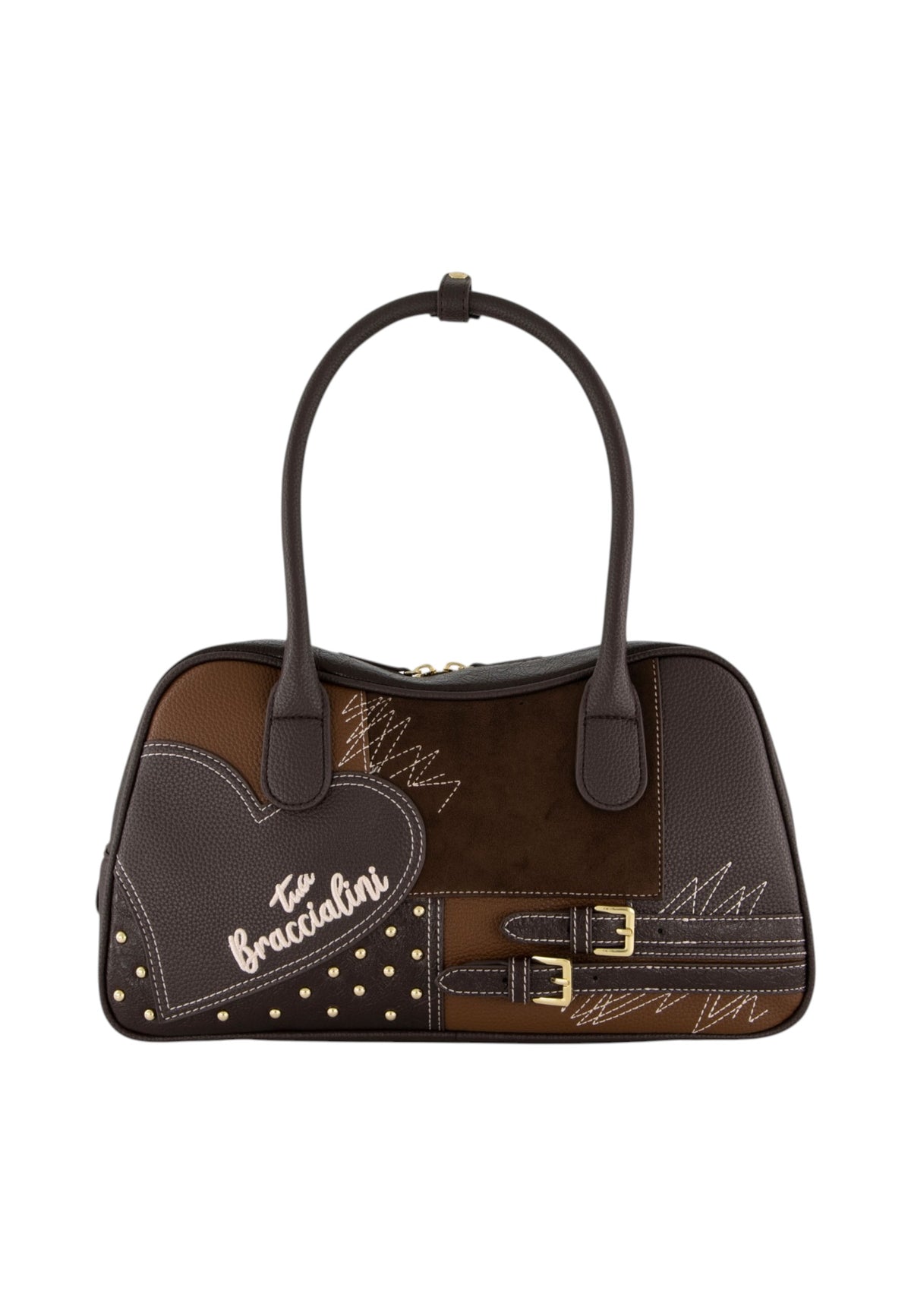 Borsa A Mano Donna Braccialini A Bauletto, Doppio con tracolla removibile e regolabile, Chiusura con zip, Una tasca interna portacellulare, Patchwork con maxi cuore e micro borchie, Dimensioni: 35 x 12.5 x 19 Cm Amy Patchwork B19204YY