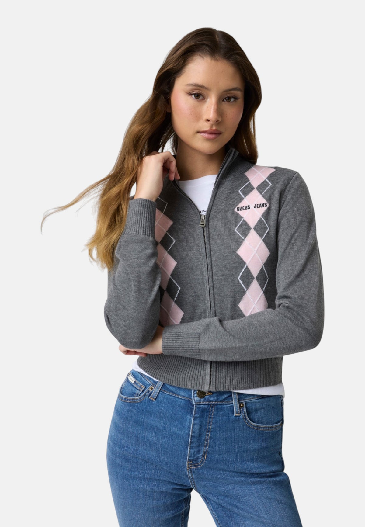 Cardigan  Donna Guess Collo lupetto, Zip intera, Motivo argyle Gj W6BR10Z1253