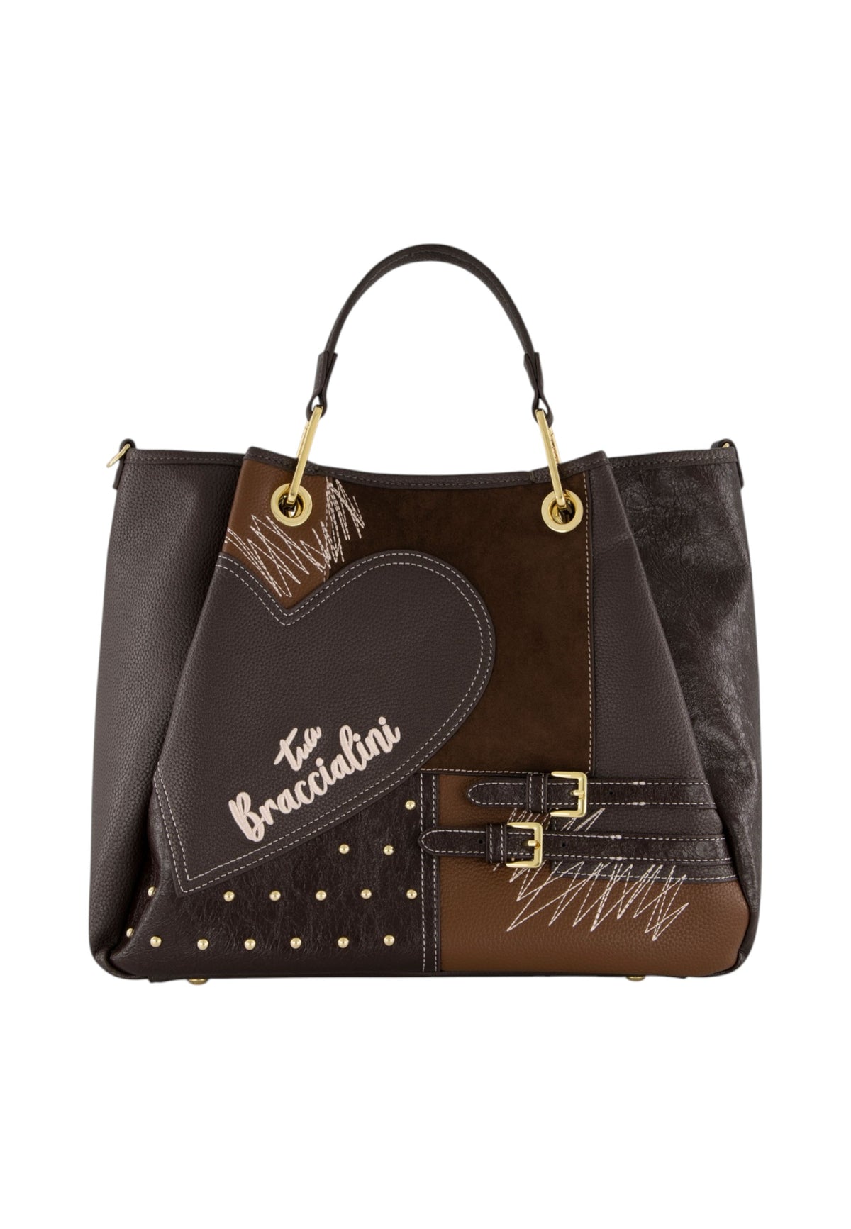 Borsa A Mano Donna Braccialini A Bauletto, Doppio con tracolla removibile e regolabile, Chiusura con clip, Con pochette interna removibile, Patchwork con maxi cuore e micro borchie, Dimensioni: 36 x 17 x 29 Cm Amy Patchwork B19202YY