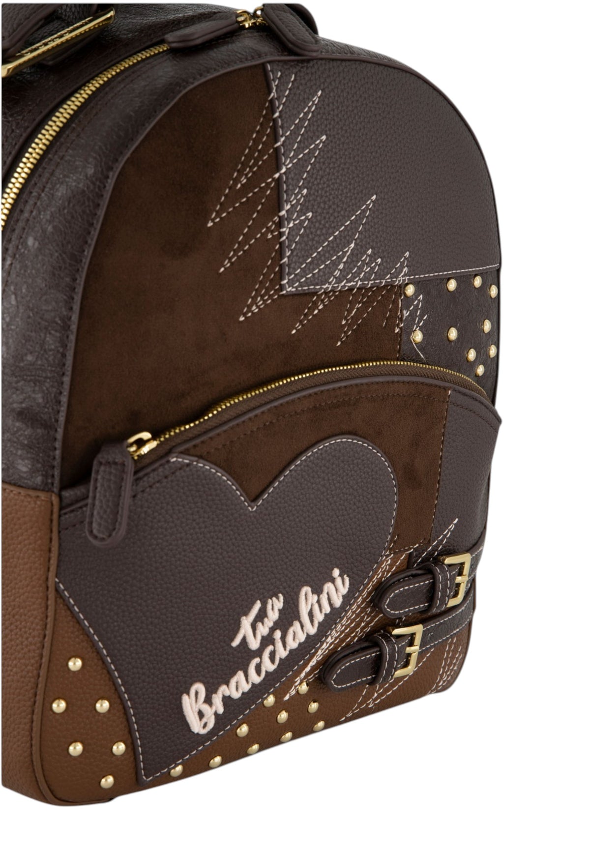 Zaino  Donna Braccialini Zaino compatto, Singolo con tracolle regolabili, Chiusura con zip, Due tasche interne, una con zip e una aperta, Patchwork con maxi cuore e micro borchie, Dimensioni: 27 x 11 x 31 Cm Amy Patchwork B19203YY