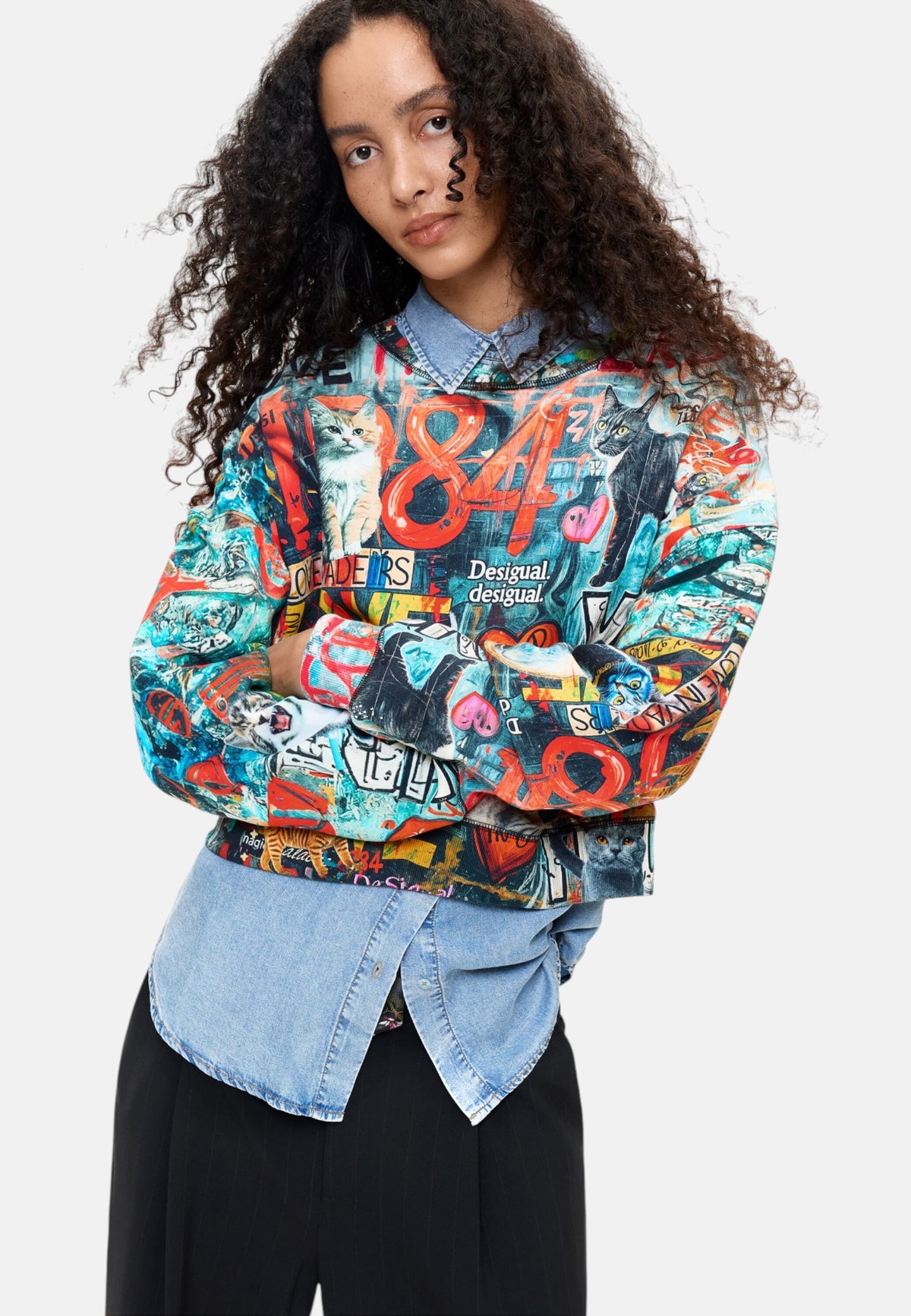 Felpa A Girocollo Donna Desigual Motivo grafico, Fit regular, Manica lunga Cats 26WWSK07