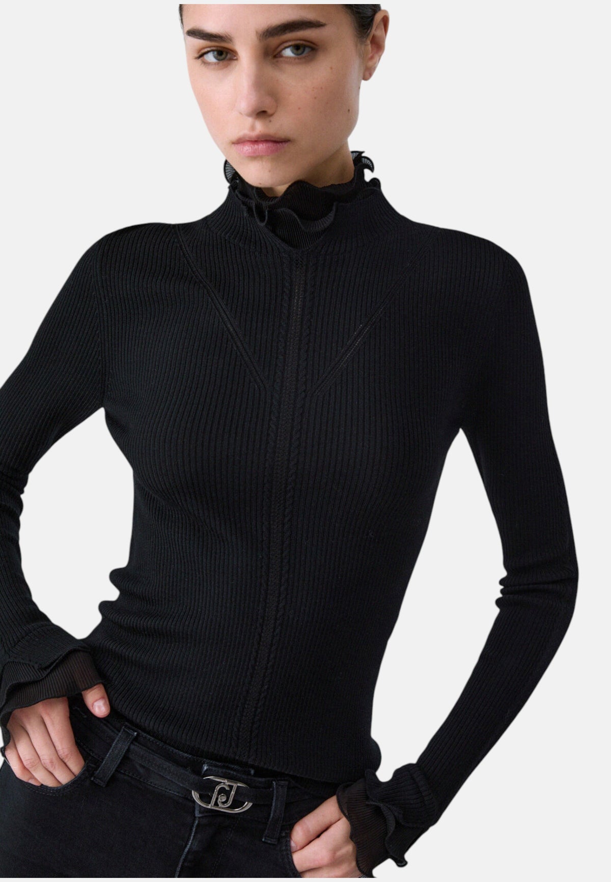 Maglia Collo Alto Donna Liu Jo A Costine Con Volant Sulle Maniche  CF6043MA82O