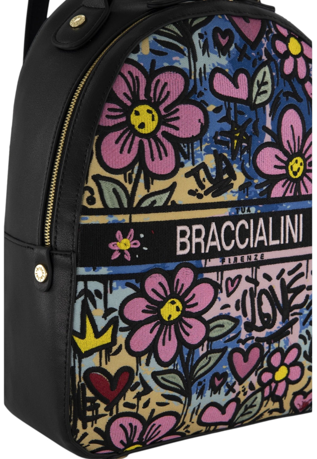 Zaino  Donna Braccialini Zaino compatto, Singolo con tracolle regolabili, Chiusura con zip, Due tasche interne, una con zip e una aperta, Motivo jacquard con ricami e dettagli graffiti, Dimensioni: 22 x 15 x 28 Cm Jacquard B19294TY