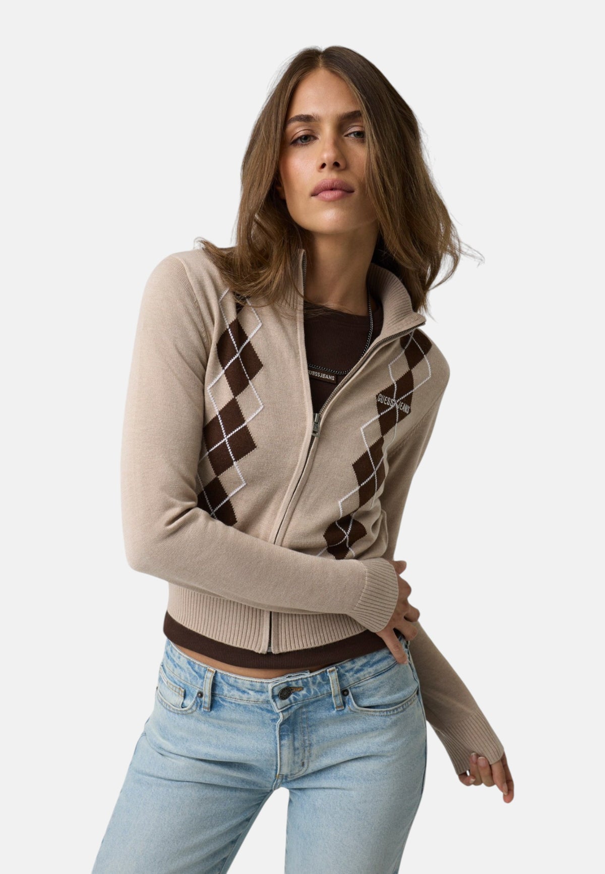 Cardigan  Donna Guess Collo lupetto, Zip intera, Motivo argyle Gj W6BR10Z1253