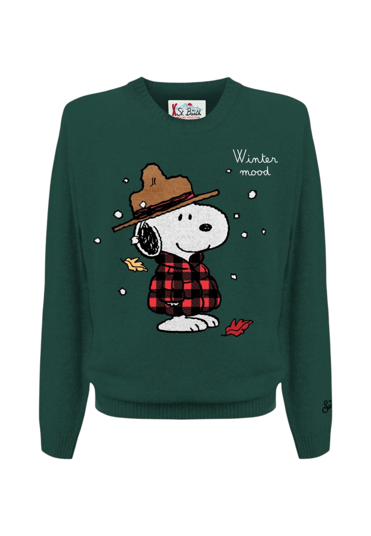 Maglione A Girocollo Uomo Mc2 Saint Barth Maniche Lunghe, Polsi E Fondo A Coste, Snoopy Con Cappello E Giacca A Quadri Nella Neve Heron HER0001-SNOOPY-SNOW-JACKET