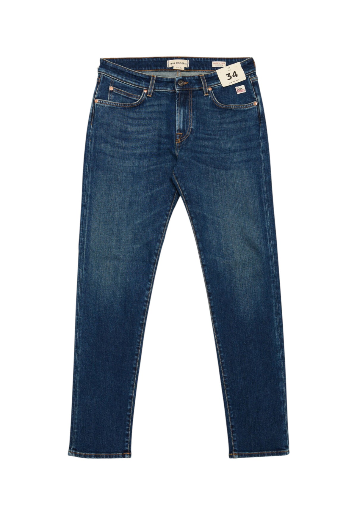Jeans Slim Fit Uomo Roy Roger's Denim elasticizzato, lavaggio scuro, vita media con passanti, vestibilit� slim, tasche anteriori e posteriori, chiusura con bottone e zip, cuciture a contrasto 517 RRU075CT181444