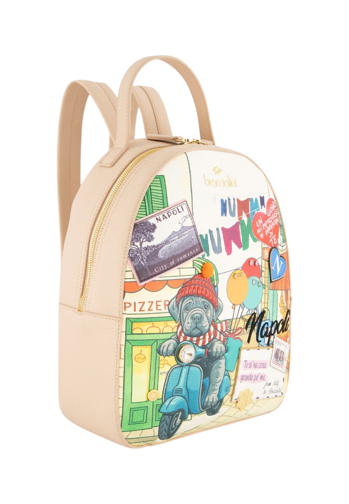 Zaino  Donna Braccialini Zaino compatto, Singolo con tracolle regolabili, Chiusura con zip, Due tasche interne, una con zip e una aperta, Stampa Cartoline dedicata a Napoli, Dimensioni: 25 x 11 x 29 Cm Cartoline Napoli B19166YY