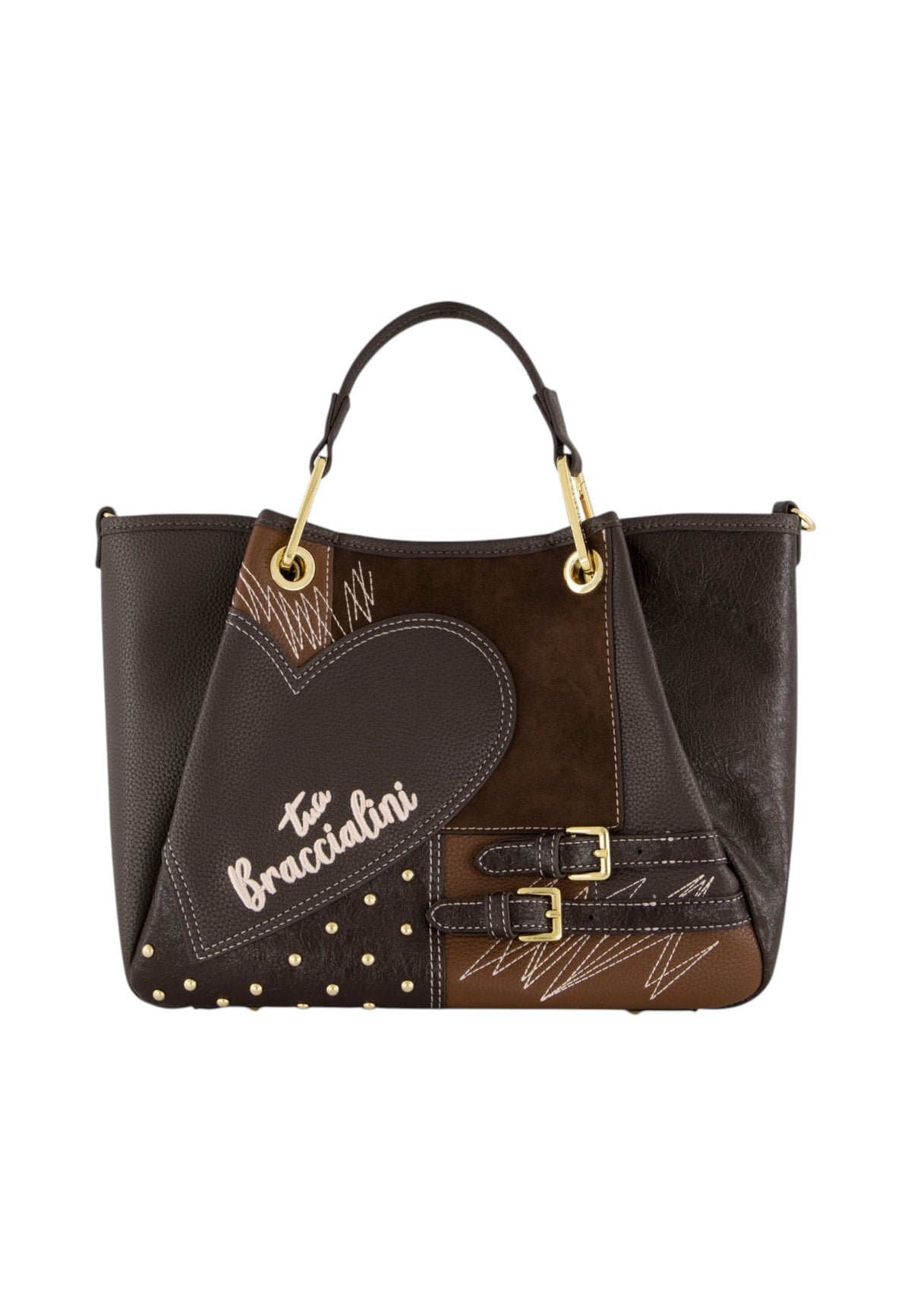 Borsa A Mano Donna Braccialini A Bauletto, Doppio con tracolla removibile e regolabile, Chiusura con clip, Con pochette interna removibile, Patchwork con maxi cuore e micro borchie, Dimensioni: 31 x 13 x 23 Cm Amy Patchwork B19201YY