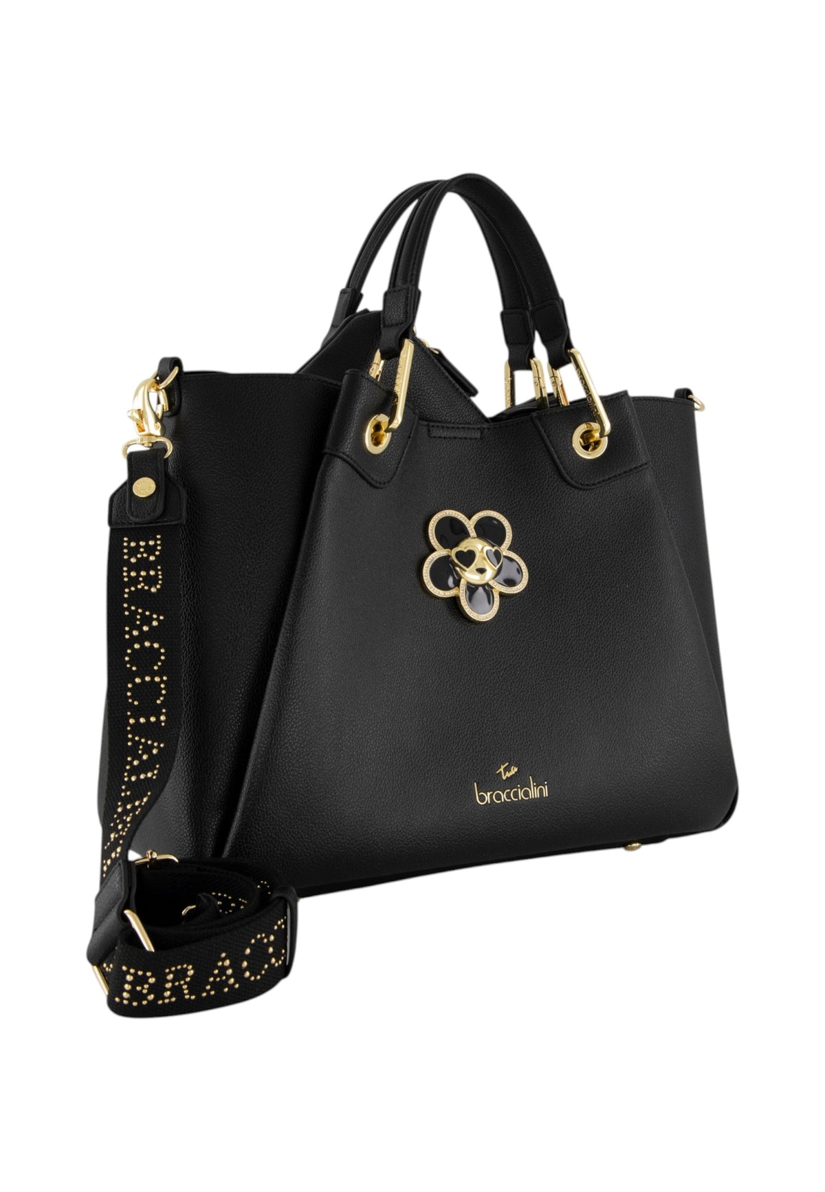Borsa A Mano Donna Braccialini A Bauletto, Doppio con tracolla removibile e regolabile, Chiusura con clip, Con pochette interna removibile, Charm gioiello a forma di margherita, Dimensioni: 36 x 17 x 29 Cm Amy Bijoux B19212YY