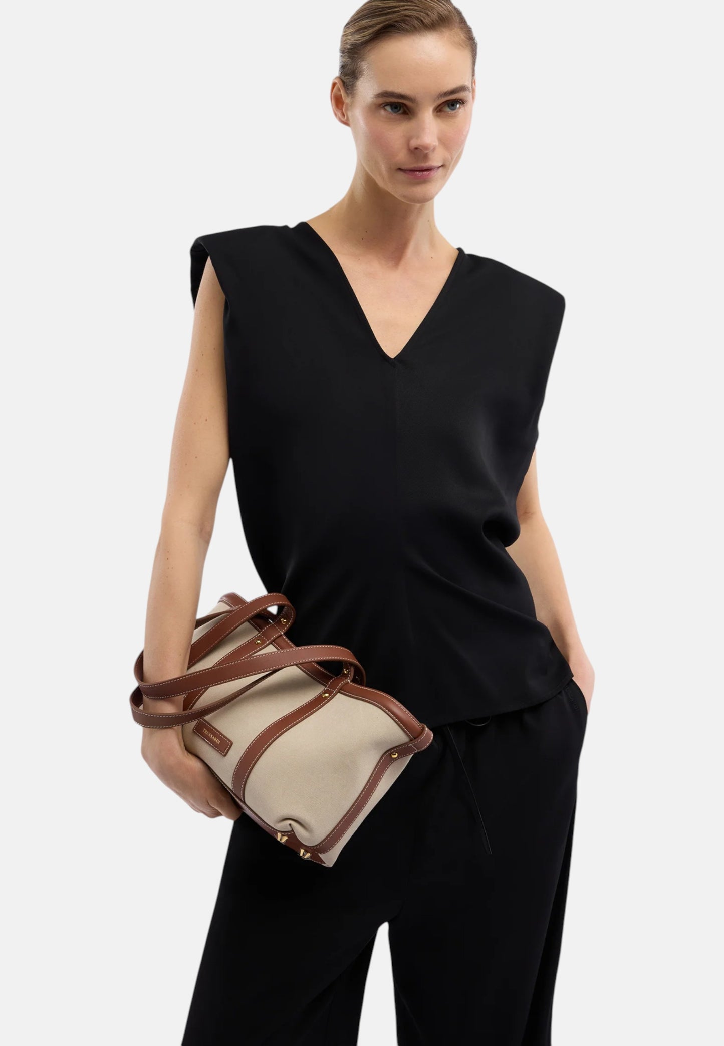 Borsa A Spalla Donna Trussardi Shopper Small In Canvas E Pelle Elba Z774E006475N