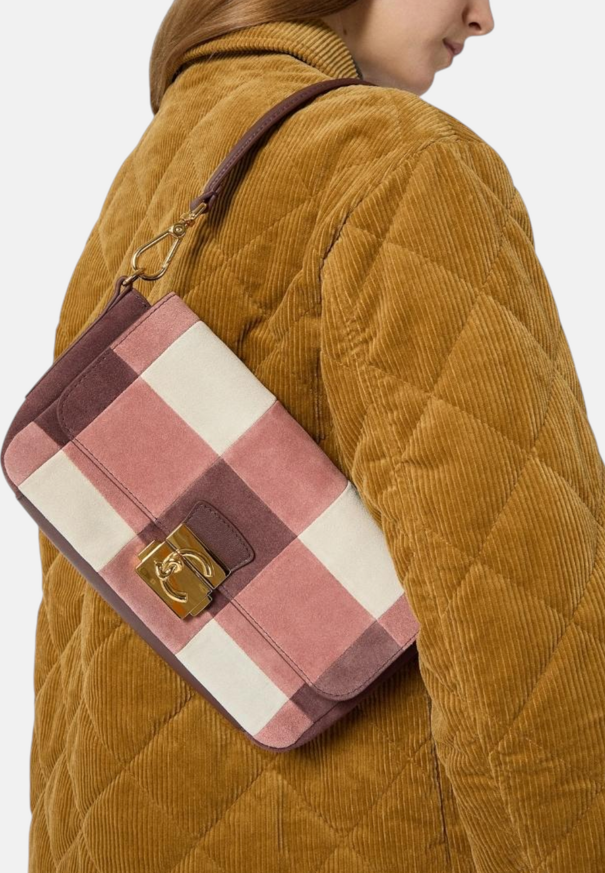 Borsa A Spalla Donna Coccinelle Motivo Vichy, In camoscio, Chiusura con dettaglio lock C-Me Lock Vi.p E1V5S120201
