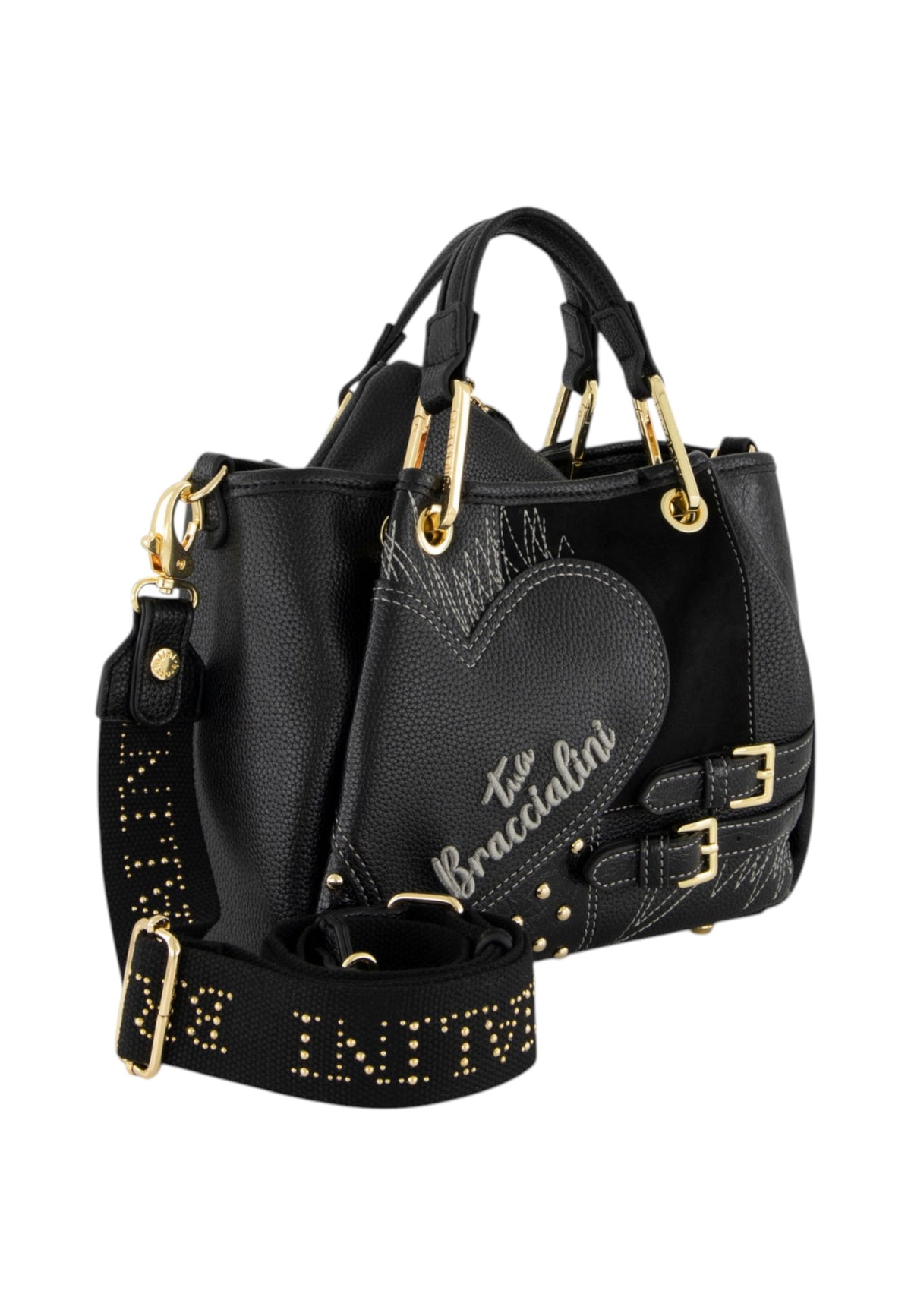 Borsa A Mano Donna Braccialini A Bauletto, Doppio con tracolla removibile e regolabile, Chiusura con zip, Patchwork con maxi cuore e micro borchie, Dimensioni: 25 x 10.5 x 18 Cm Amy Patchwork B19200YY