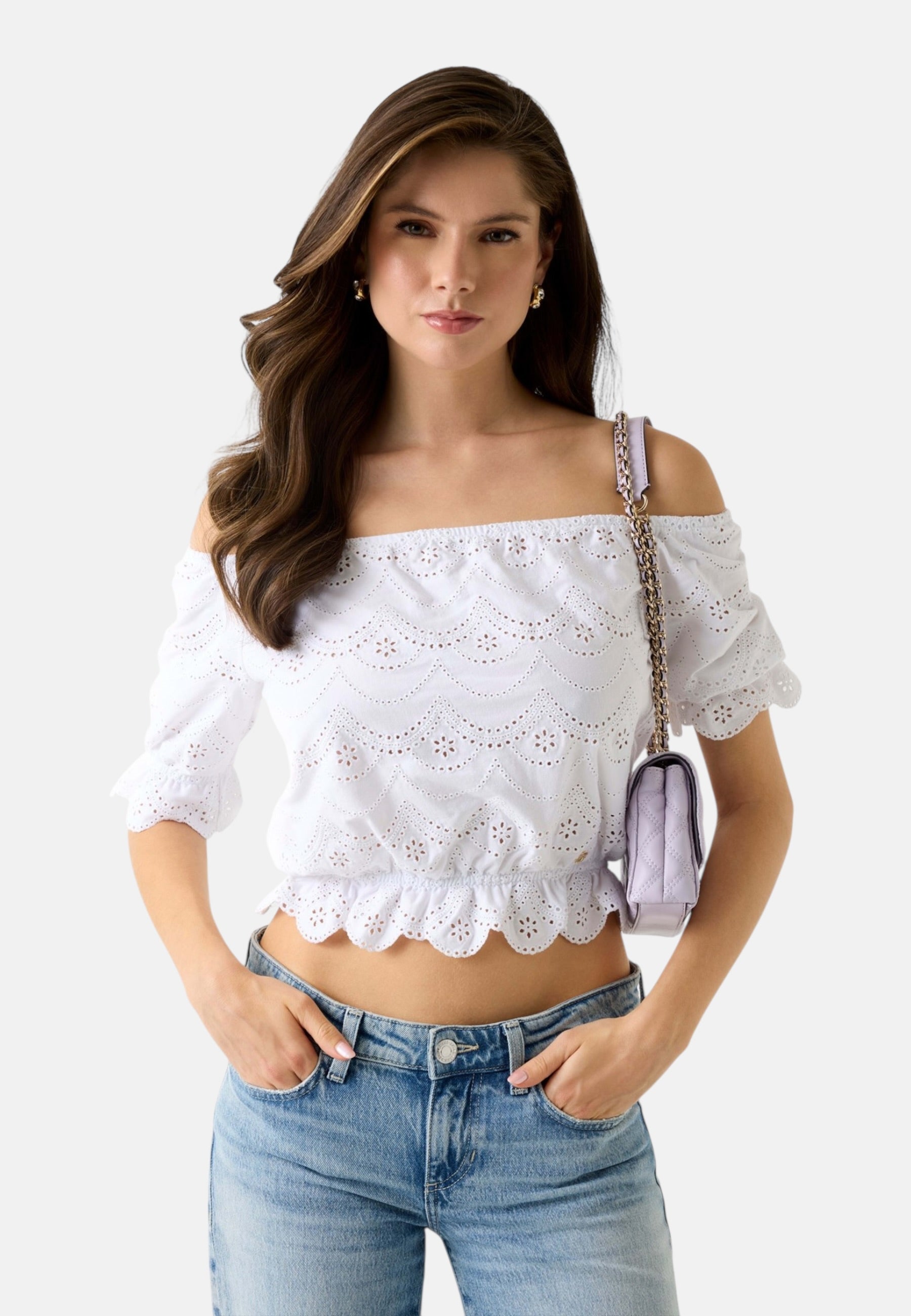 Blusa Manica Corta Donna Guess Shoulder Off Eyelets Embroidery W6GP47K3336
