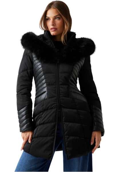 Piumino Lungo Donna Guess Con Cappuccio In Eco Pelliccia New Oxana W4BL61WGLZ0