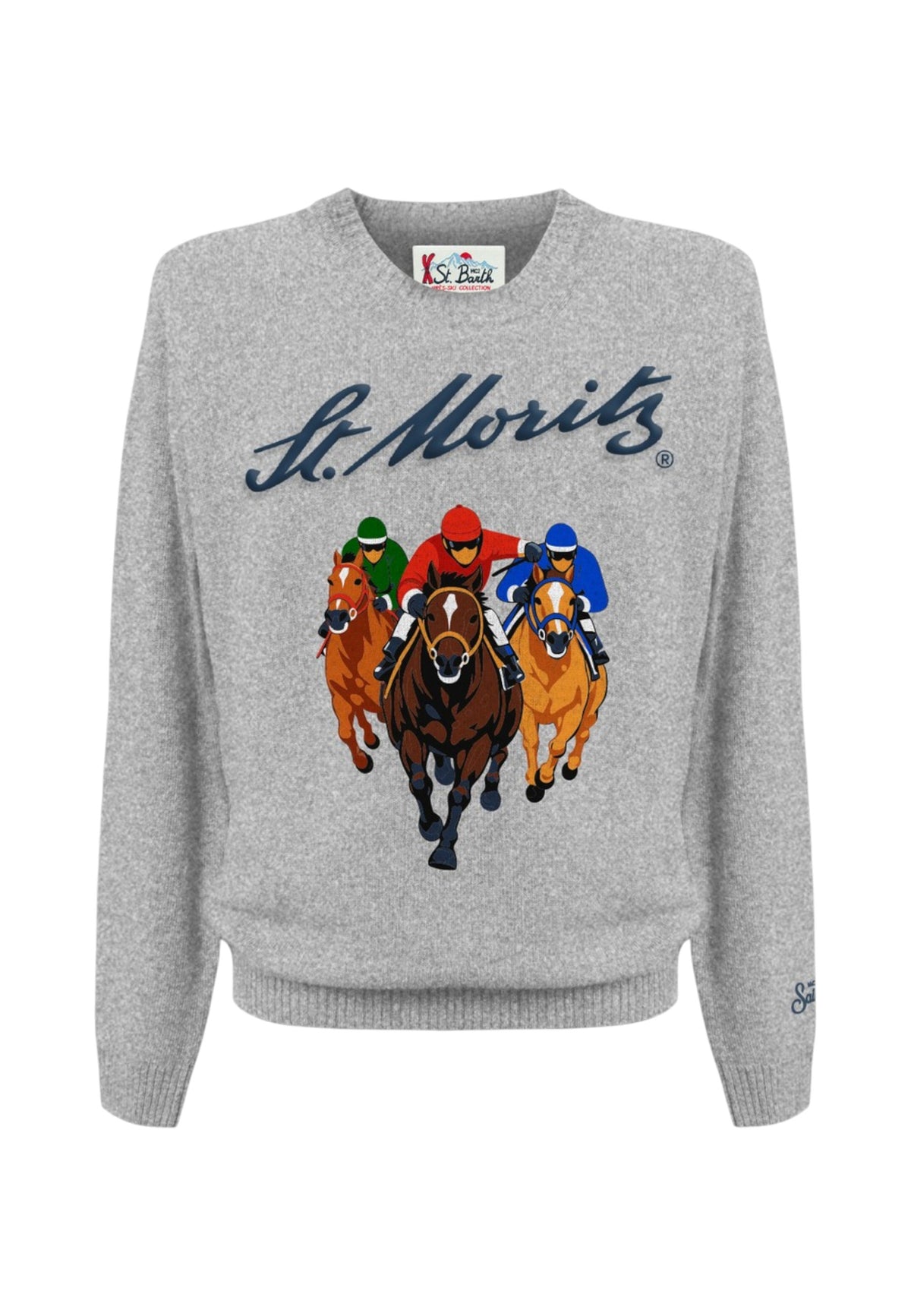 Maglione A Girocollo Uomo Mc2 Saint Barth Maniche Lunghe, Polsi E Fondo A Coste, Una Scena Equestre Con Tre Cavalli Da Corsa Heron C HER0011-ST-MORITZ-WHITE-TURF
