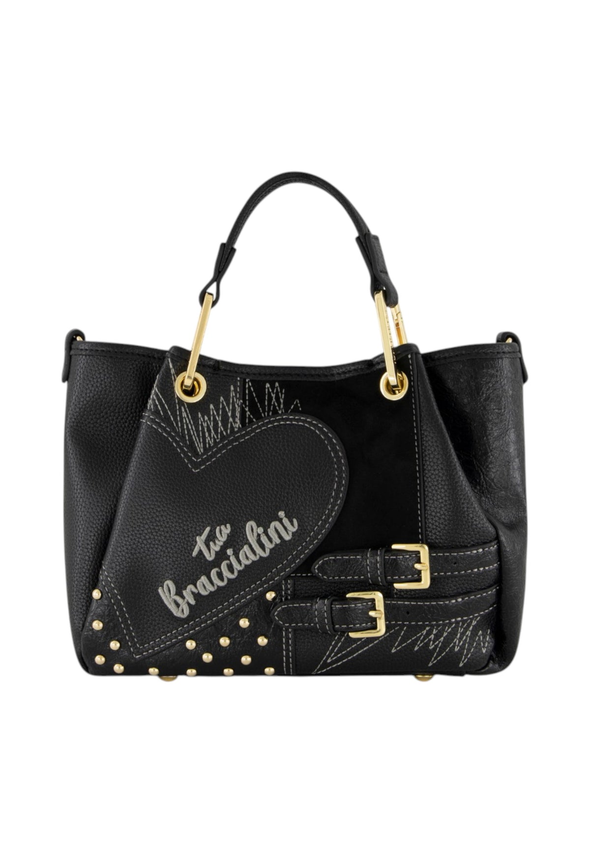 Borsa A Mano Donna Braccialini A Bauletto, Doppio con tracolla removibile e regolabile, Chiusura con zip, Patchwork con maxi cuore e micro borchie, Dimensioni: 25 x 10.5 x 18 Cm Amy Patchwork B19200YY
