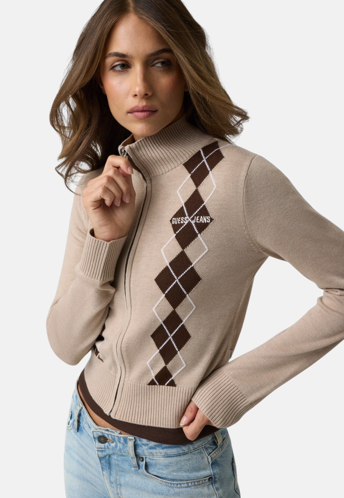 Cardigan  Donna Guess Collo lupetto, Zip intera, Motivo argyle Gj W6BR10Z1253