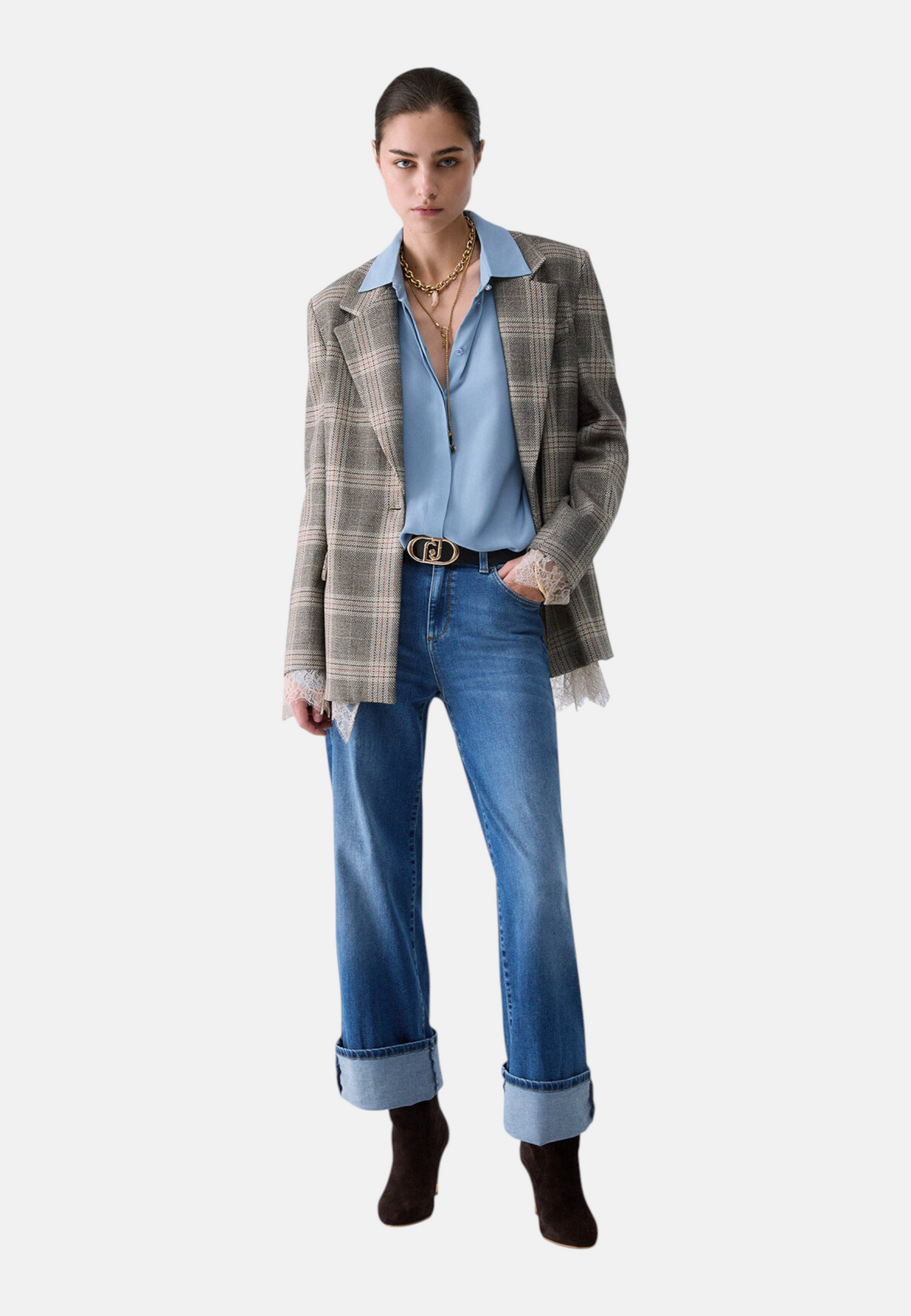 Giacca Blazer Donna Liu Jo Monopetto A Quadri Con Bordo Pizzo  CF6057T859A