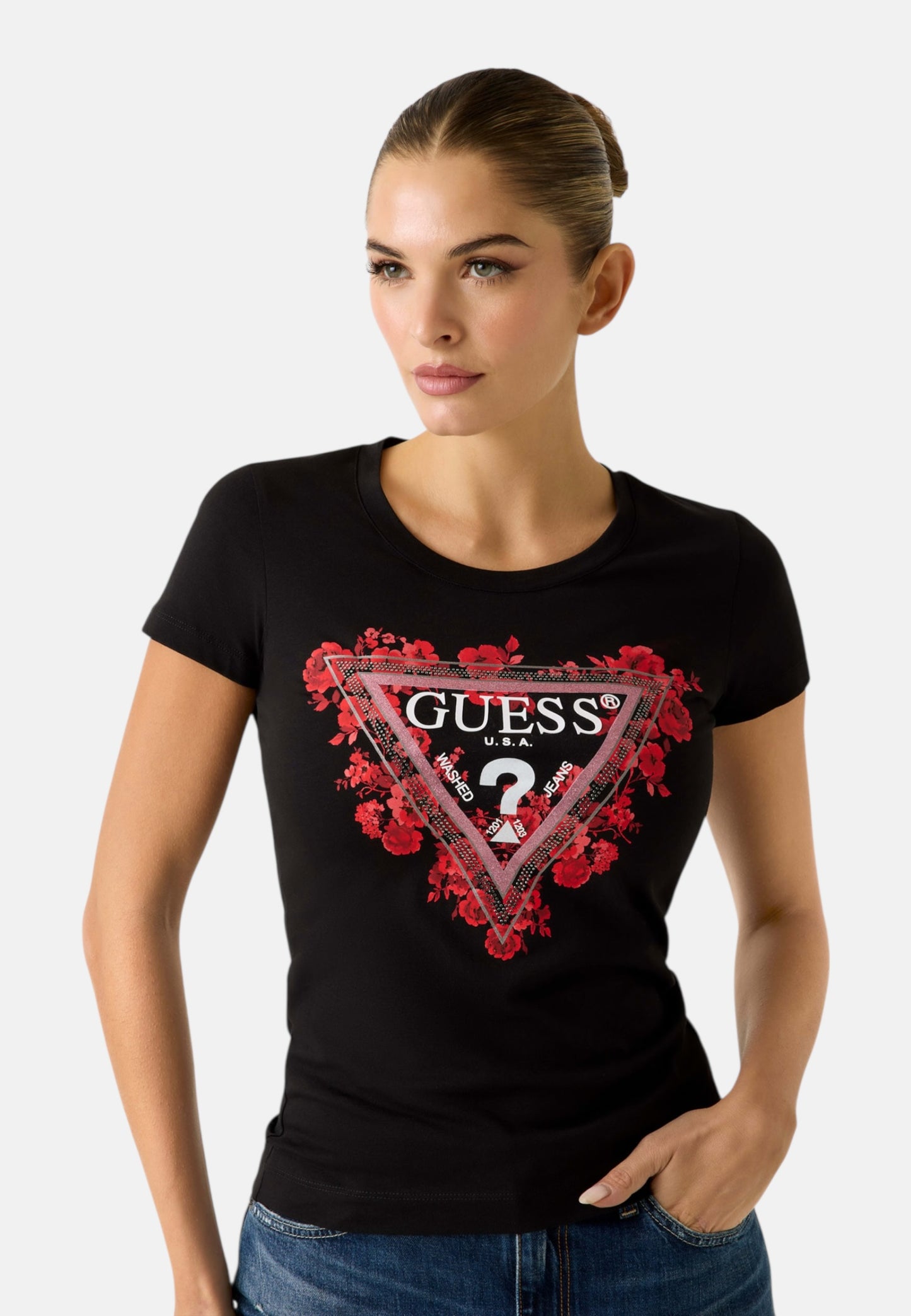 T-Shirt Manica Corta Donna Guess  Flowers Triangle W6RI23J1314