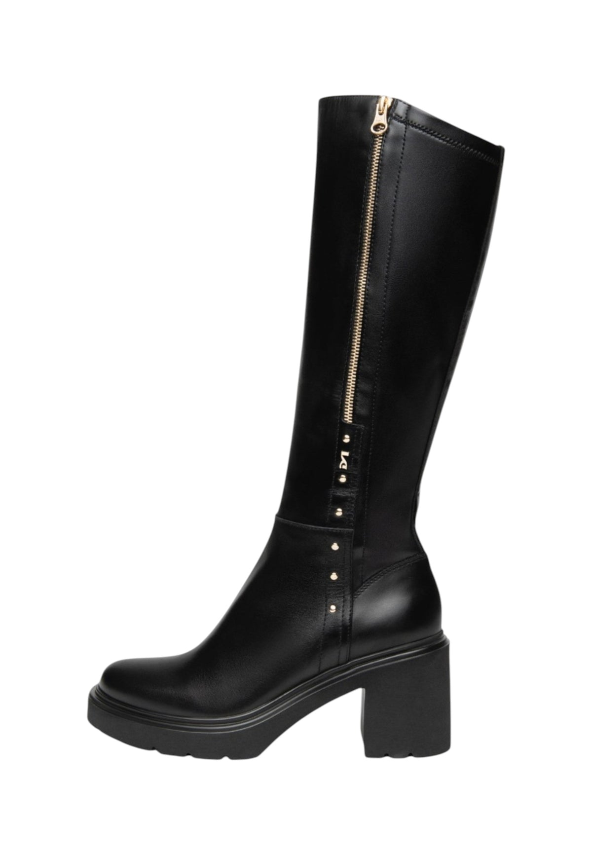 Stivali Con Tacco Donna Nero Giardini Tomaia in pelle e tessuto, gambale alto, zip decorativa, tacco largo, suola carrarmato, Made in Italy  I618088D