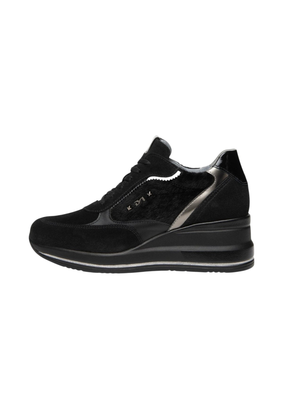 Sneakers Basse Donna Nero Giardini Tomaia in pelle e tessuto, chiusura con lacci, pannelli sovrapposti, fondo rialzato, Made in Italy  I617391D