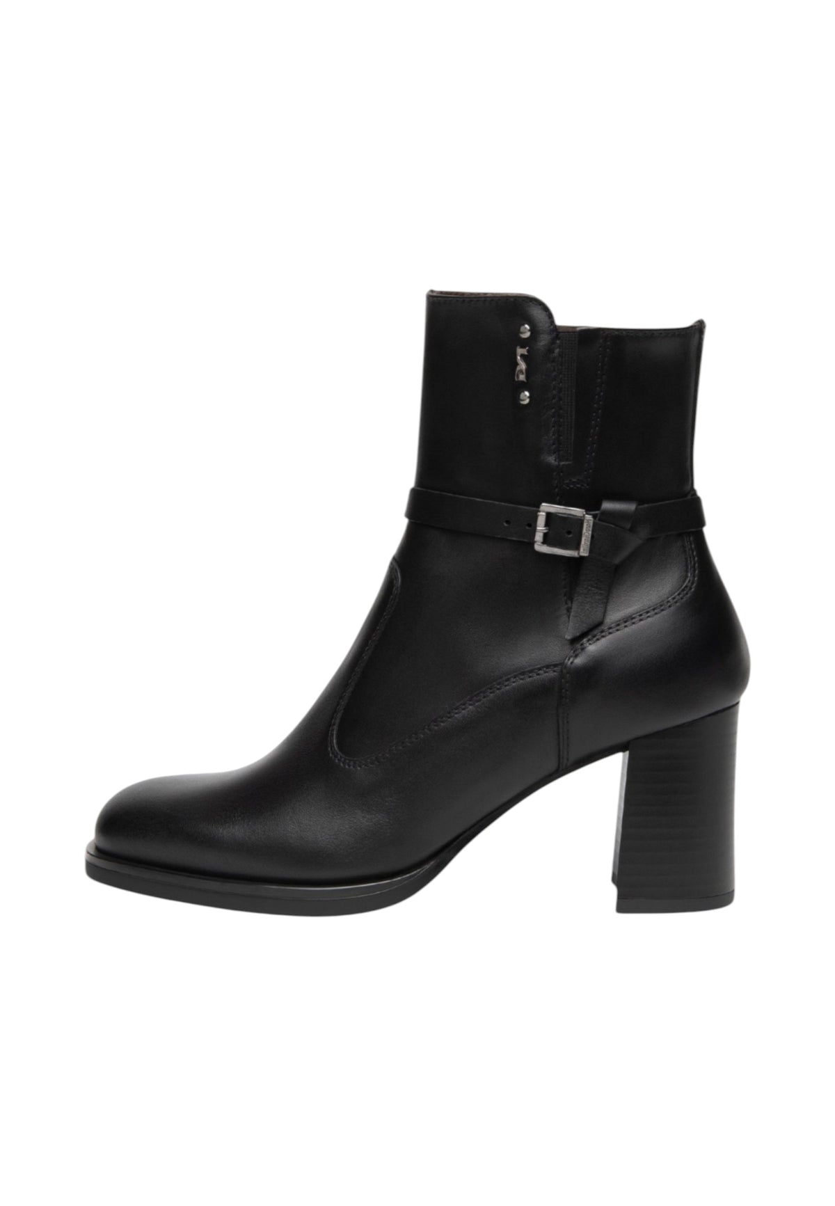 Stivaletti Con Tacco Donna Nero Giardini Tomaia in pelle, cinturino decorativo con fibbia, chiusura laterale con zip, punta tonda, tacco largo, Made in Italy  I617240D