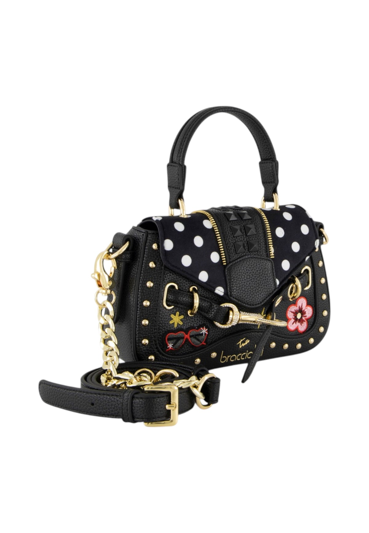 Borsa A Mano Donna Braccialini A Bauletto, Singolo con tracolla removibile e regolabile, Chiusura con clip, Due tasche interne, una con zip e una aperta, Borchie, patch e dettagli in cristallo, Dimensioni: 21 x 6.5 x 15 Cm Rock B19270YY
