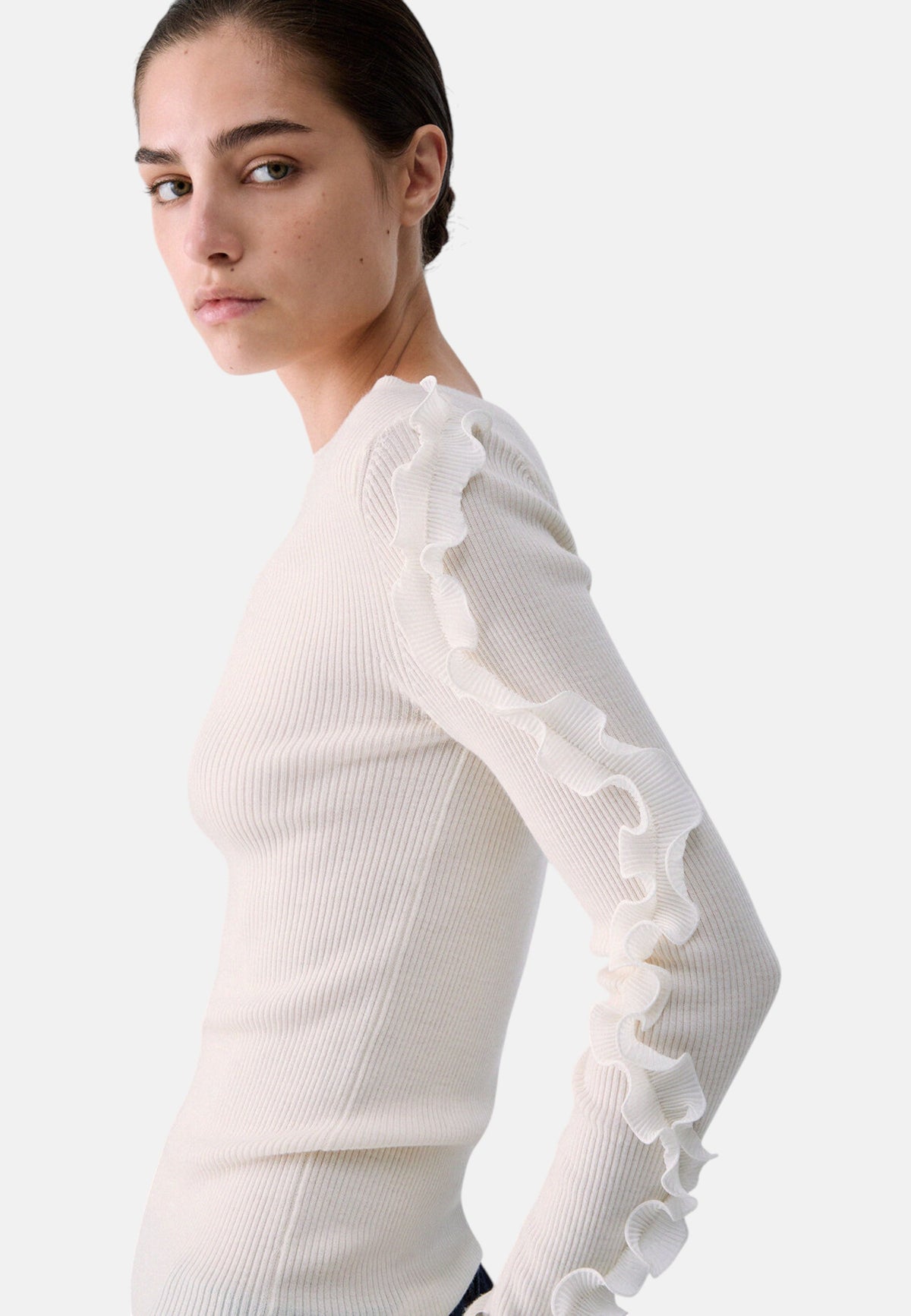 Maglia A Girocollo Donna Liu Jo A Costine Con Volant Sulle Maniche  CF6042MA82O