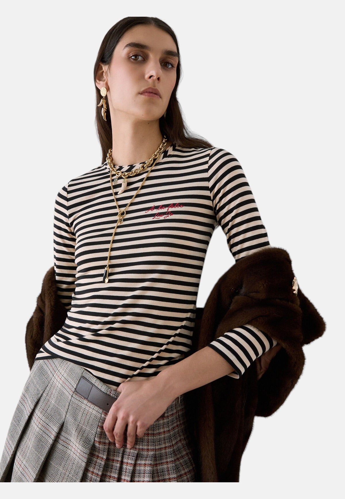 T-Shirt Manica lunga Donna Liu Jo A Righe Con Ricamo  WF6440J3988