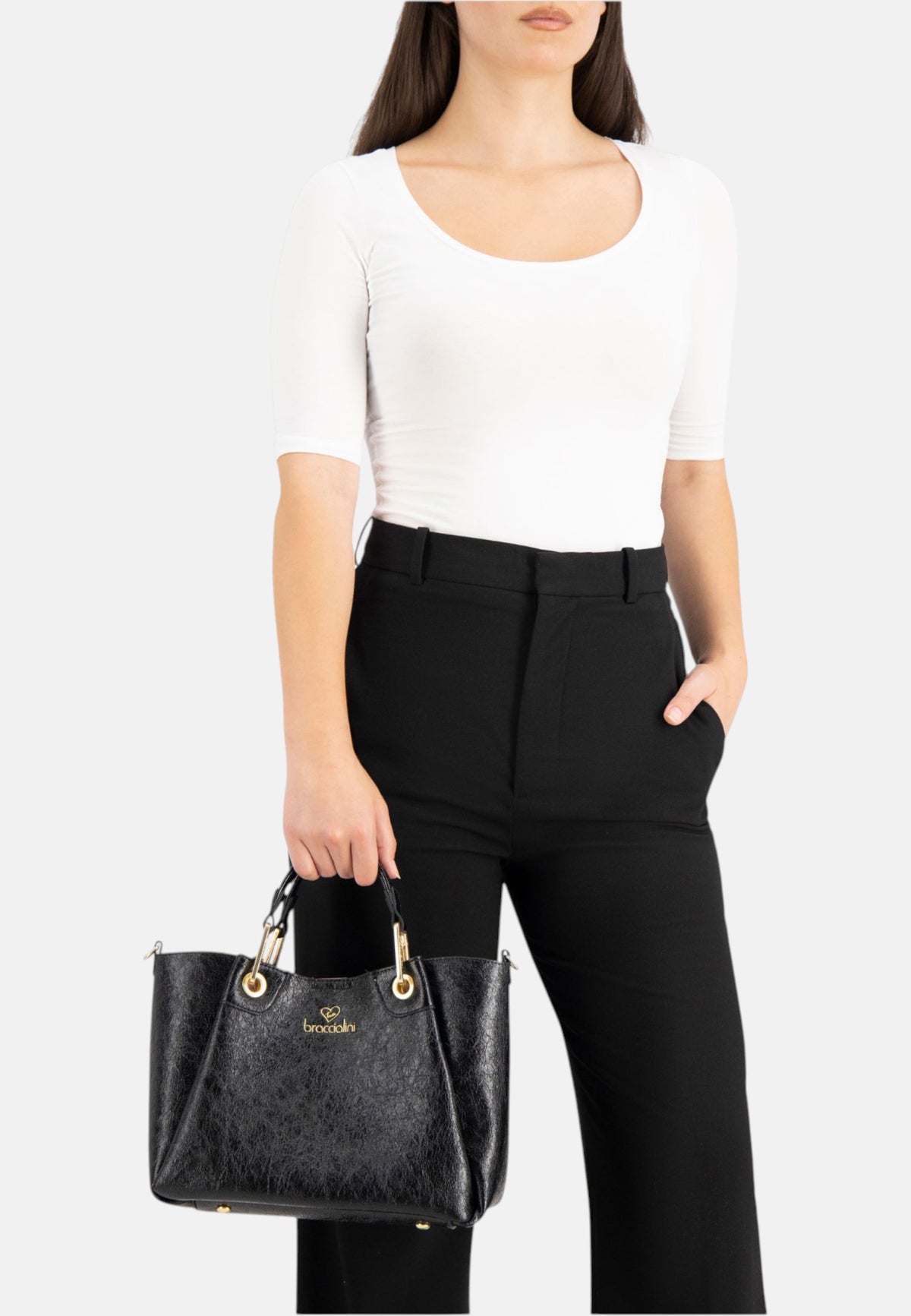 Borsa A Mano Donna Braccialini A Bauletto, Doppio con tracolla removibile e regolabile, Chiusura con clip, Con pochette interna removibile, Finitura lucida effetto spiegazzato, Dimensioni: 31 x 13 x 23 Cm Amy B19191YY
