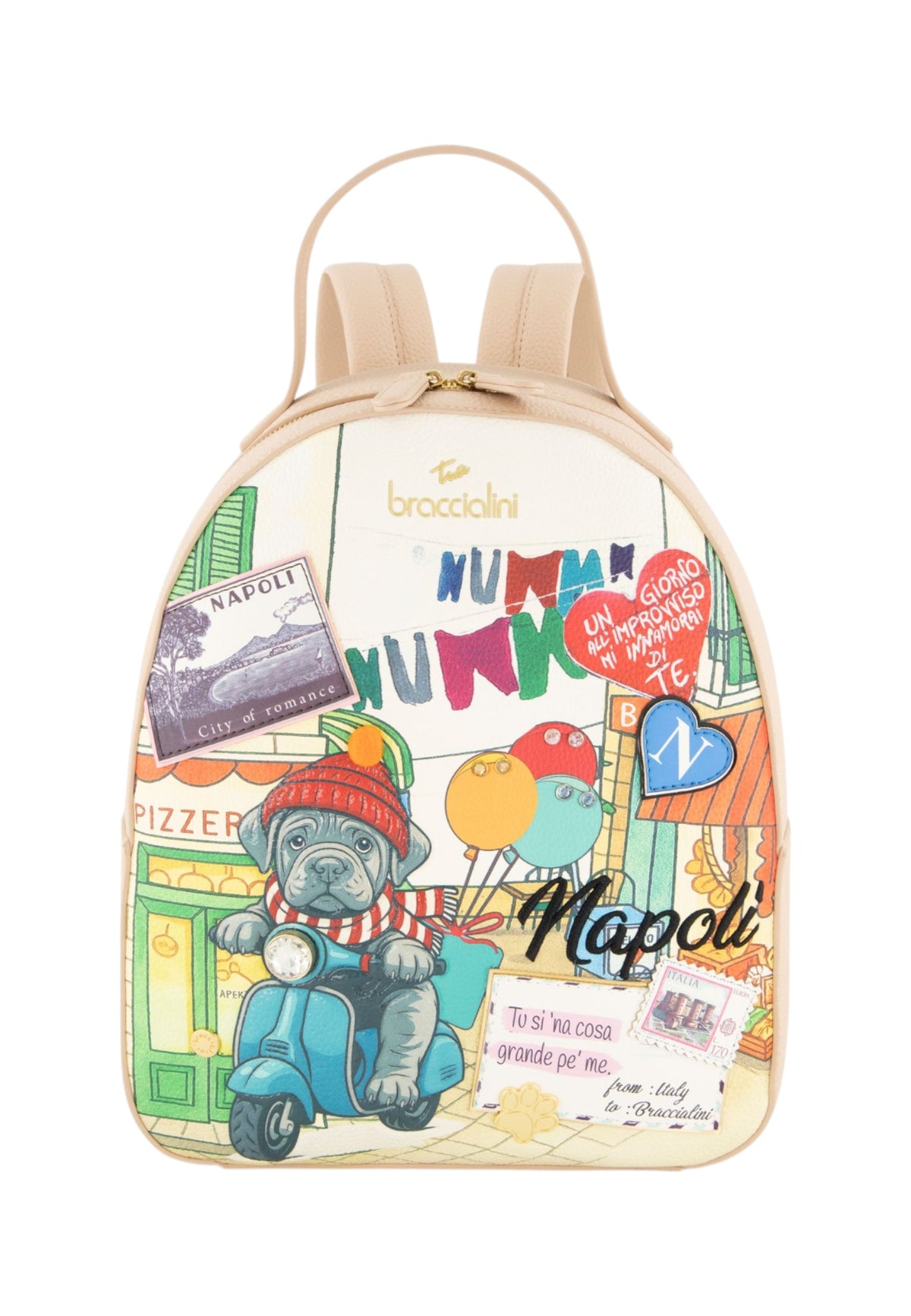 Zaino  Donna Braccialini Zaino compatto, Singolo con tracolle regolabili, Chiusura con zip, Due tasche interne, una con zip e una aperta, Stampa Cartoline dedicata a Napoli, Dimensioni: 25 x 11 x 29 Cm Cartoline Napoli B19166YY