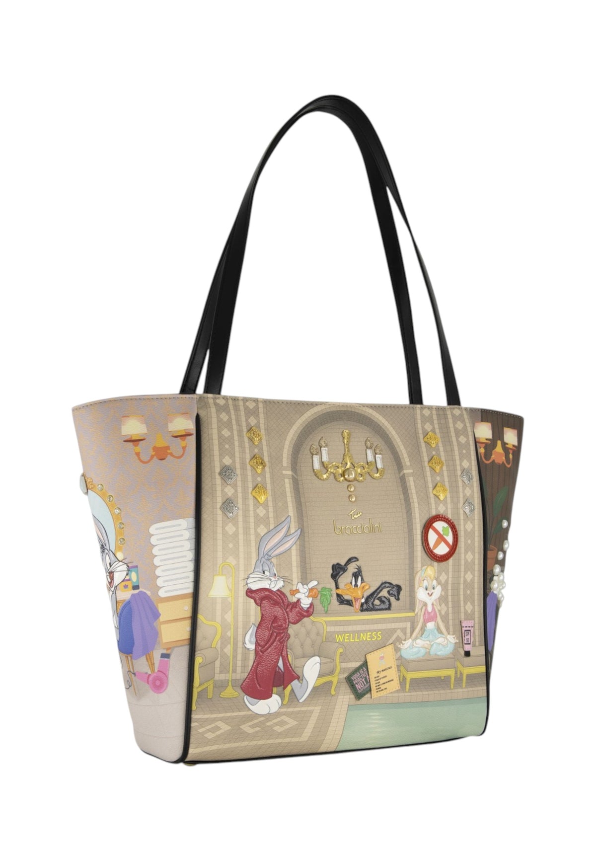 Borsa A Spalla Donna Braccialini Shopper, Manico doppio, Chiusura con zip, Due tasche interne, una con zip e una aperta, Stampa illustrata Looney Tunes, Dimensioni: 45 x 12 x 29 Cm Allround LT LT292YY