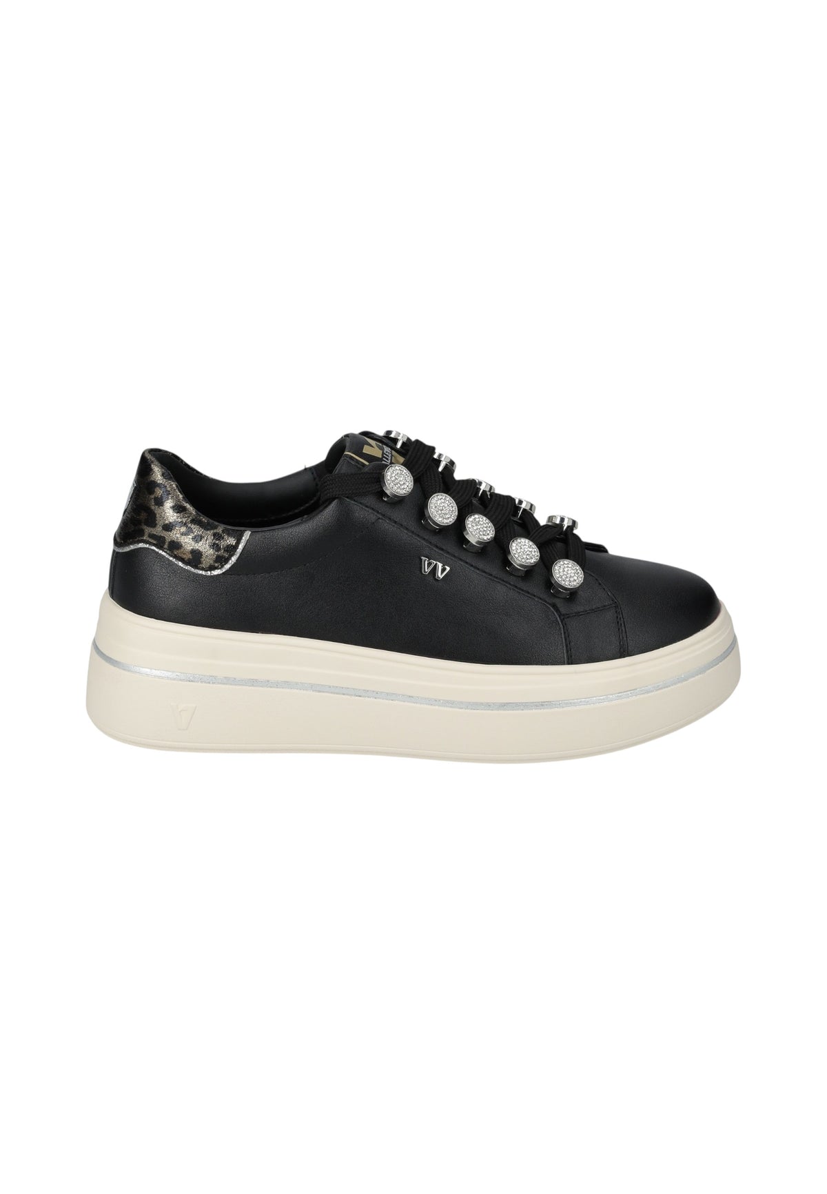 Sneakers Basse Donna Valleverde chiusura con lacci, applicazioni perlate, inserto animalier sul tallone, suola a contrasto  V35453A