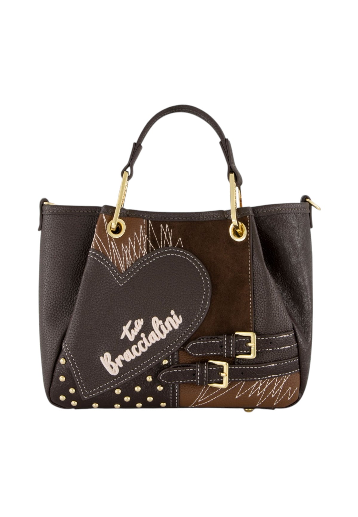 Borsa A Mano Donna Braccialini A Bauletto, Doppio con tracolla removibile e regolabile, Chiusura con zip, Patchwork con maxi cuore e micro borchie, Dimensioni: 25 x 10.5 x 18 Cm Amy Patchwork B19200YY