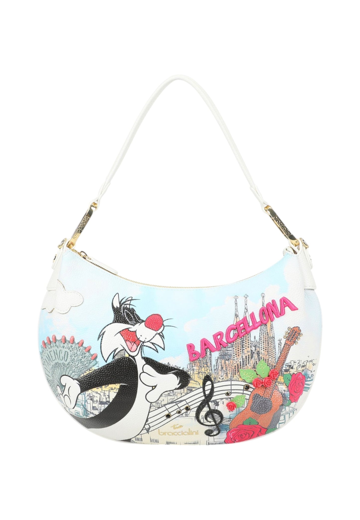 Borsa A Spalla Donna Braccialini Hobo Stampa Silvestro Barcellona Cartoline Lt LT255YY