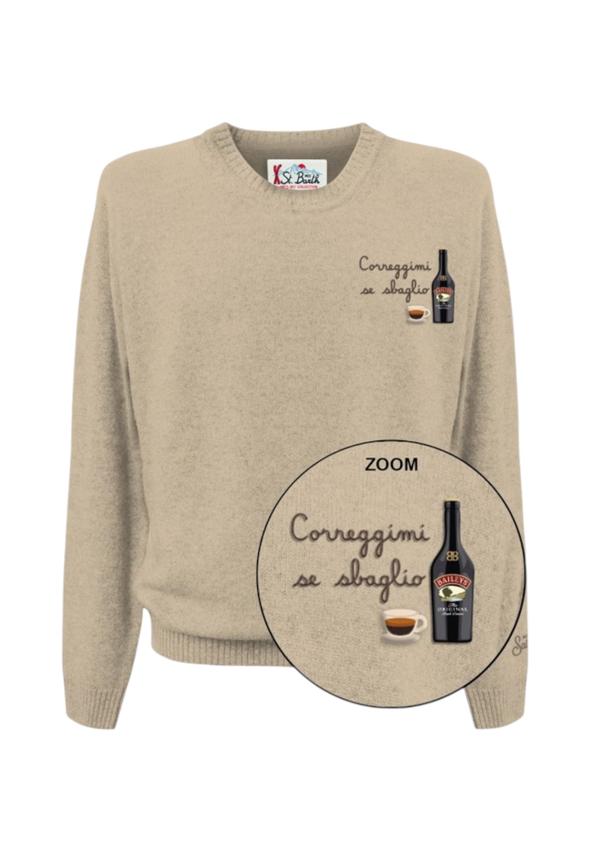 Maglione A Girocollo Uomo Mc2 Saint Barth Maniche Lunghe, Polsi E Fondo A Coste, Una Bottiglia E Un Bicchiere Illustrati Heron Light Embry HER0024-BAILEYS-CORREGGIMI