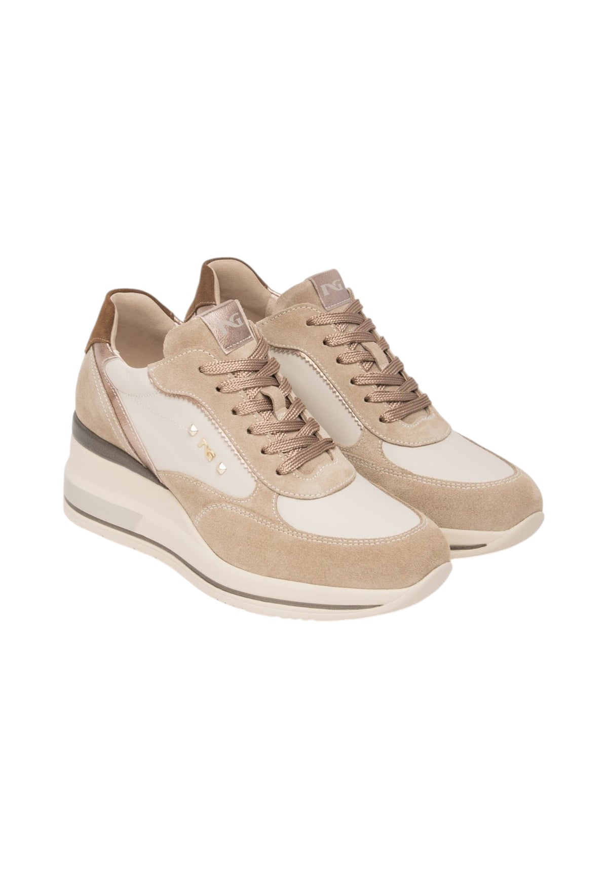 Sneakers Basse Donna Nero Giardini Tomaia in pelle scamosciata e tessuto, chiusura con lacci, pannelli sovrapposti, fondo rialzato, Made in Italy  I617390D
