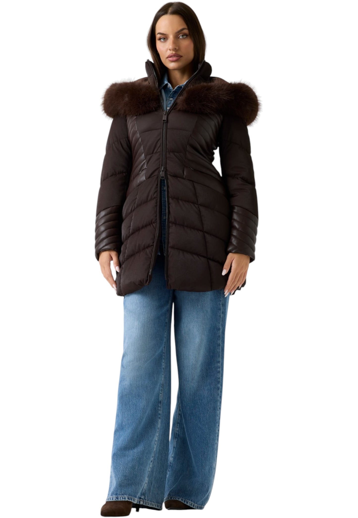 Piumino Lungo Donna Guess Con Cappuccio In Eco Pelliccia New Oxana W4BL61WGLZ0