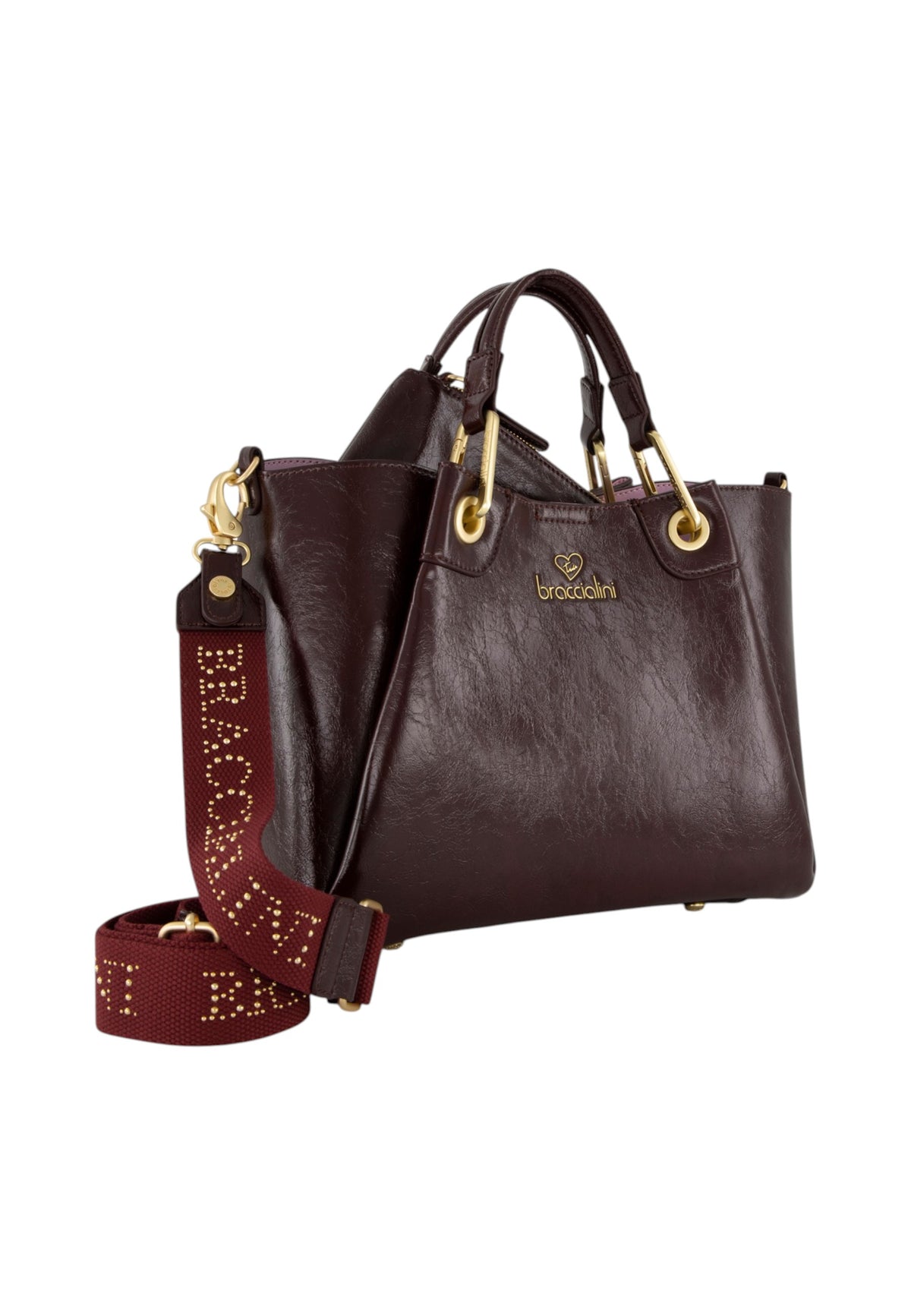 Borsa A Mano Donna Braccialini A Bauletto, Doppio con tracolla removibile e regolabile, Chiusura con clip, Con pochette interna removibile, Finitura lucida effetto spiegazzato, Dimensioni: 31 x 13 x 23 Cm Amy B19191YY