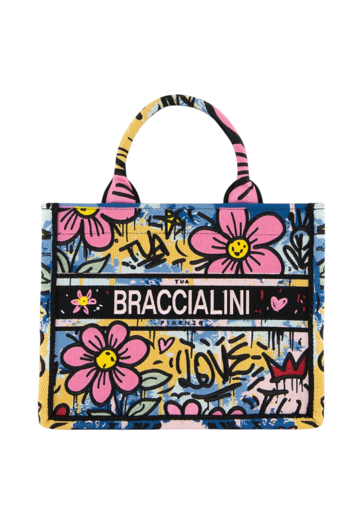 Borsa A Mano Donna Braccialini A Bauletto, Doppio con tracolla removibile e regolabile, Con pochette interna removibile, Stampa graffiti ispirata alla street art, Dimensioni: 26.5 x 13 x 21 Cm Queen B19281TY