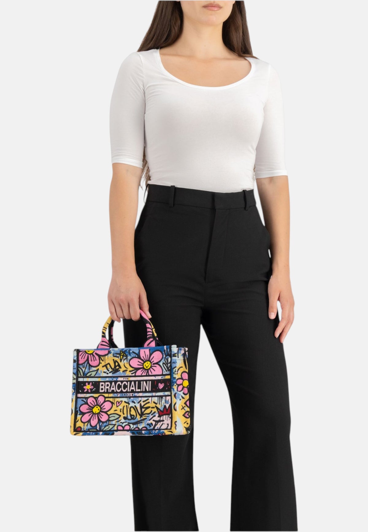 Borsa A Mano Donna Braccialini A Bauletto, Doppio con tracolla removibile e regolabile, Con pochette interna removibile, Stampa graffiti ispirata alla street art, Dimensioni: 26.5 x 13 x 21 Cm Queen B19281TY