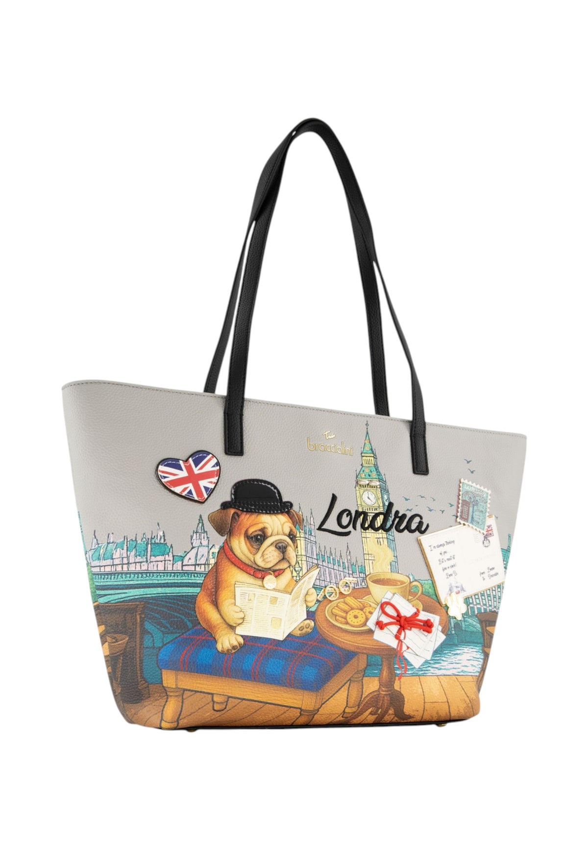 Borsa A Spalla Donna Braccialini A Spalla, Manico doppio, Chiusura con zip, Due tasche interne, una con zip e una aperta, Stampa Cartoline dedicata a Londra, Dimensioni: 46 x 11 x 29 Cm Cartoline Londra B19164YY