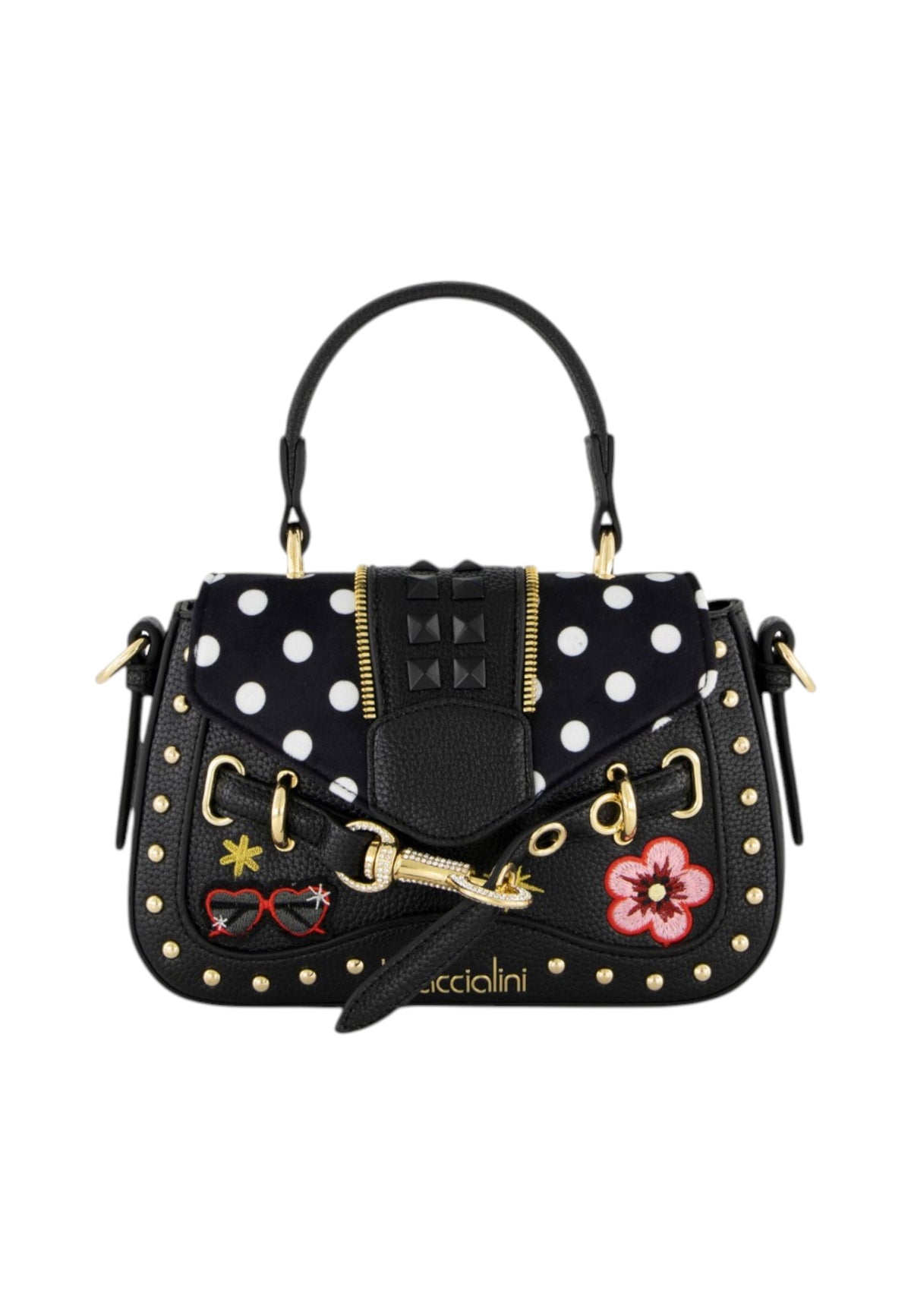 Borsa A Mano Donna Braccialini A Bauletto, Singolo con tracolla removibile e regolabile, Chiusura con clip, Due tasche interne, una con zip e una aperta, Borchie, patch e dettagli in cristallo, Dimensioni: 21 x 6.5 x 15 Cm Rock B19270YY