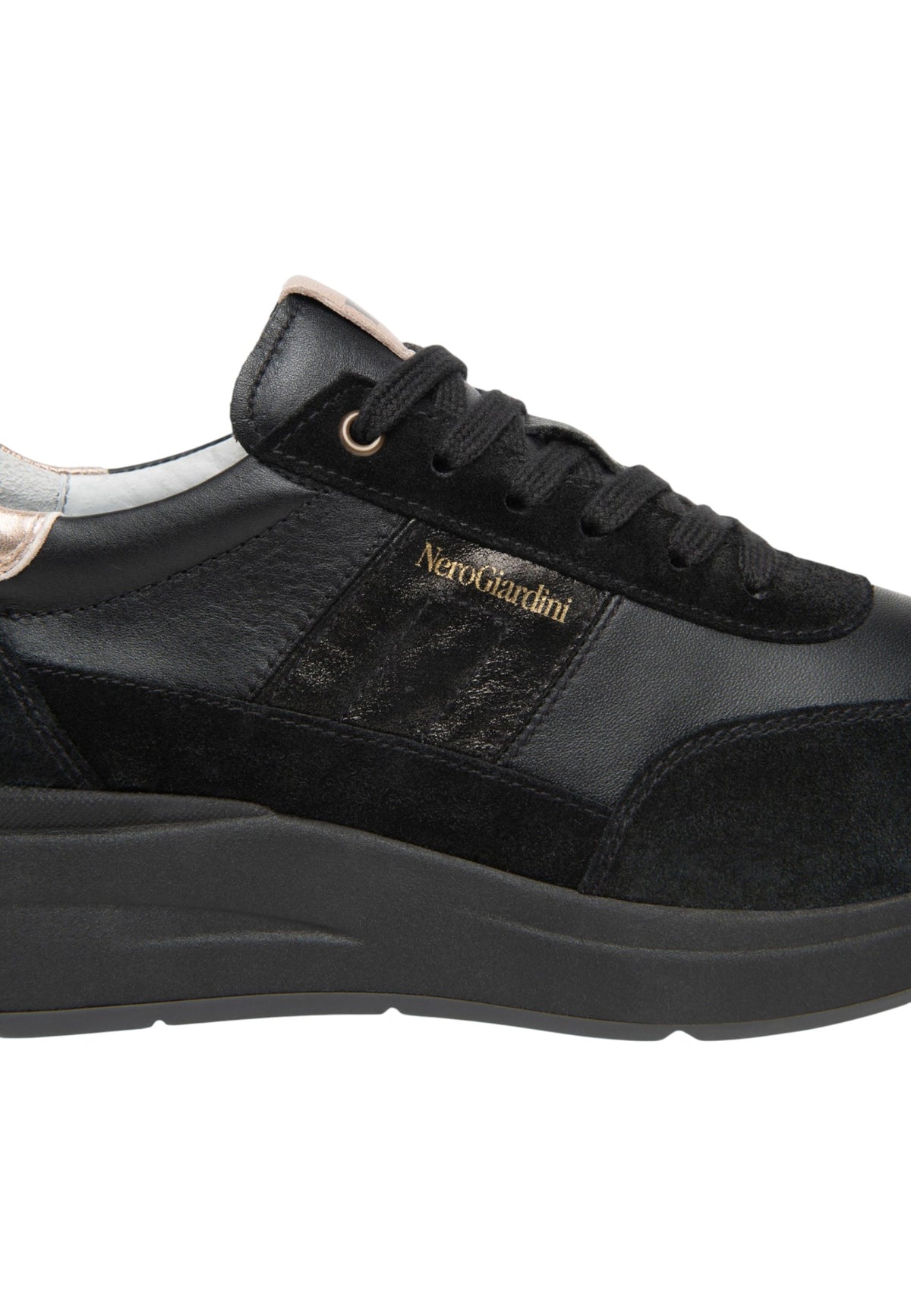 Sneakers Basse Donna Nero Giardini Tomaia in pelle e tessuto, chiusura con lacci, pannelli sovrapposti, fondo rialzato, suola in gomma, Made in Italy  I617330D