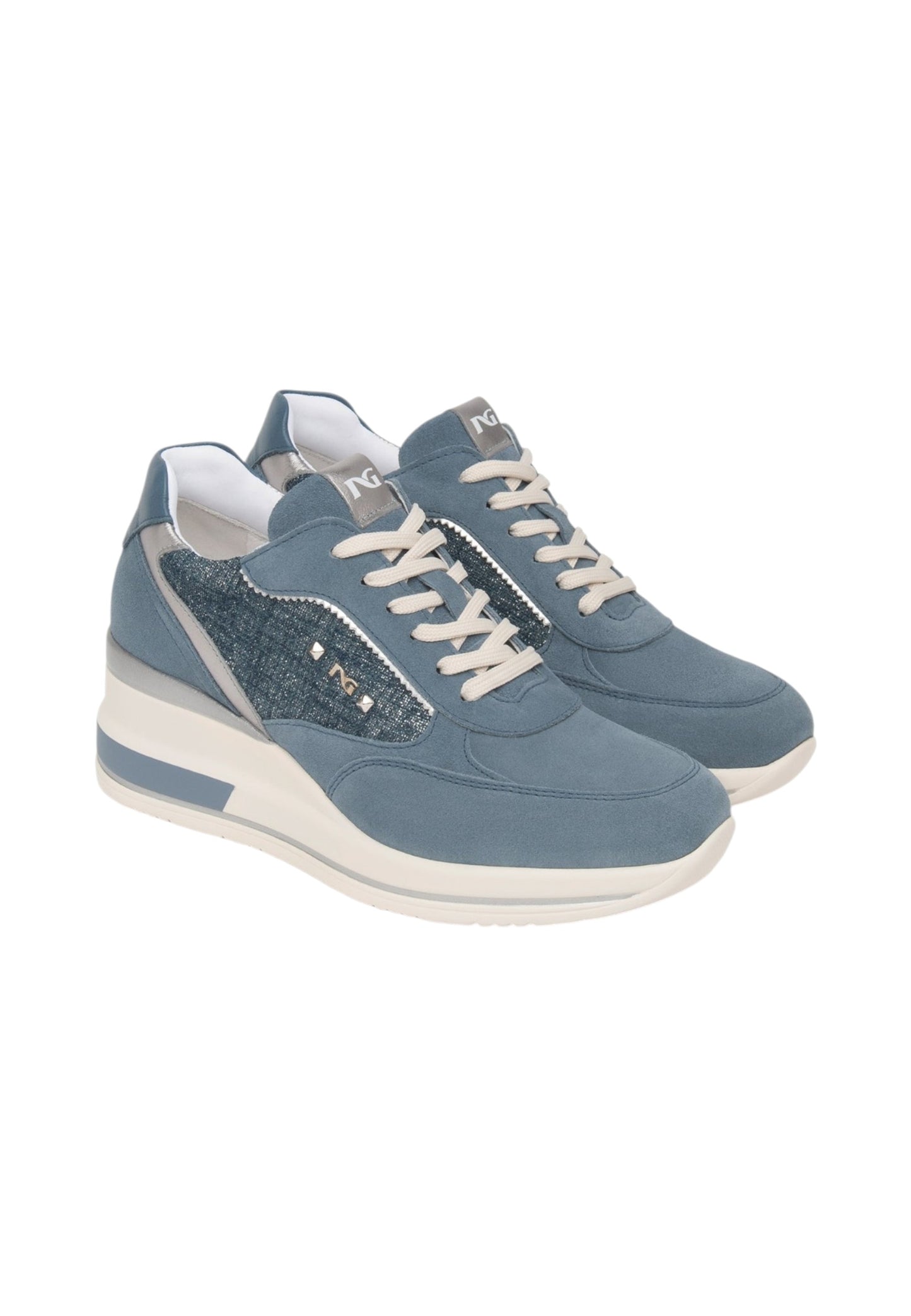 Sneakers Basse Donna Nero Giardini In Pelle Scamosciata Con Inserti In Tessuto Glitterato E Dettagli Con Borchie  E615230D