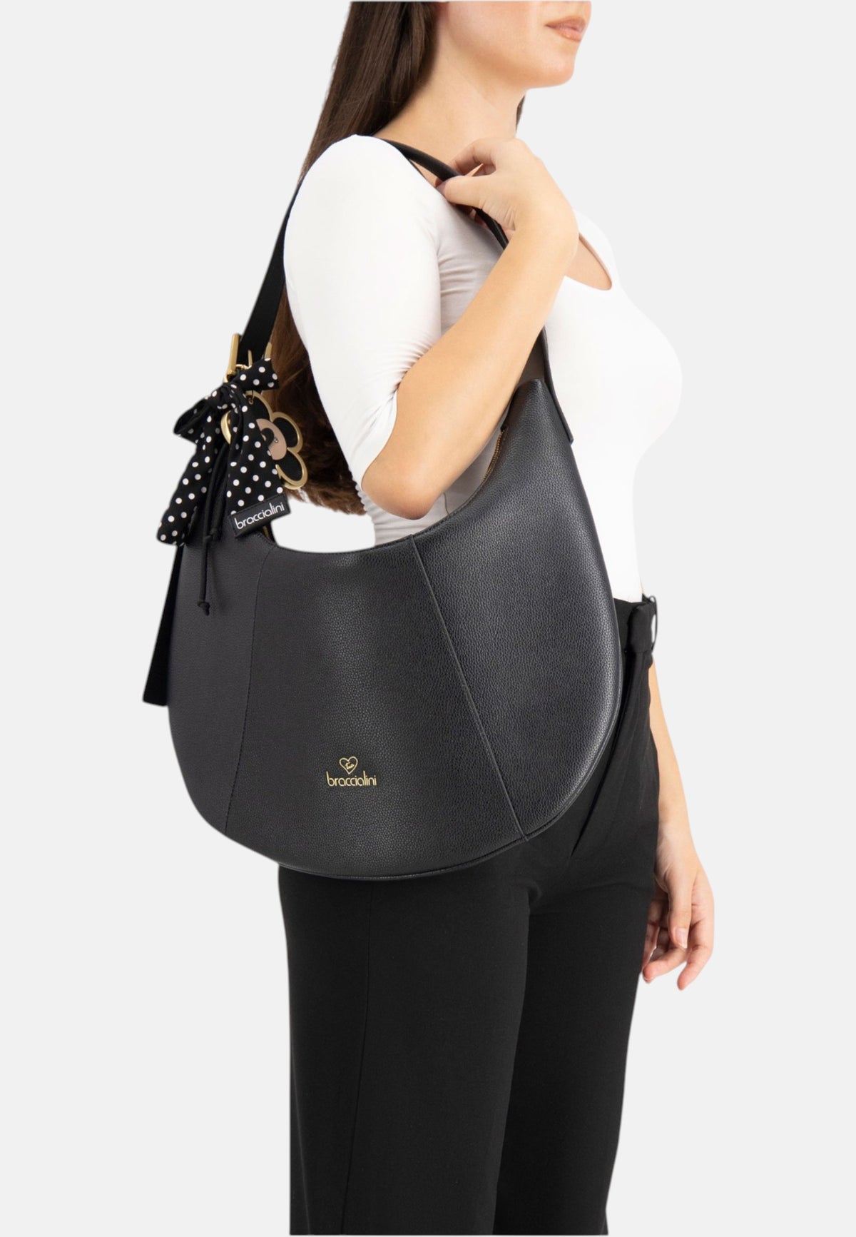 Borsa A Spalla Donna Braccialini Hobo, Singolo, Chiusura con zip, Una tasca interna portacellulare, Charm removibile con margherita e fiocco a pois, Dimensioni: 46 x 9 x 39 Cm Beth B19226YY