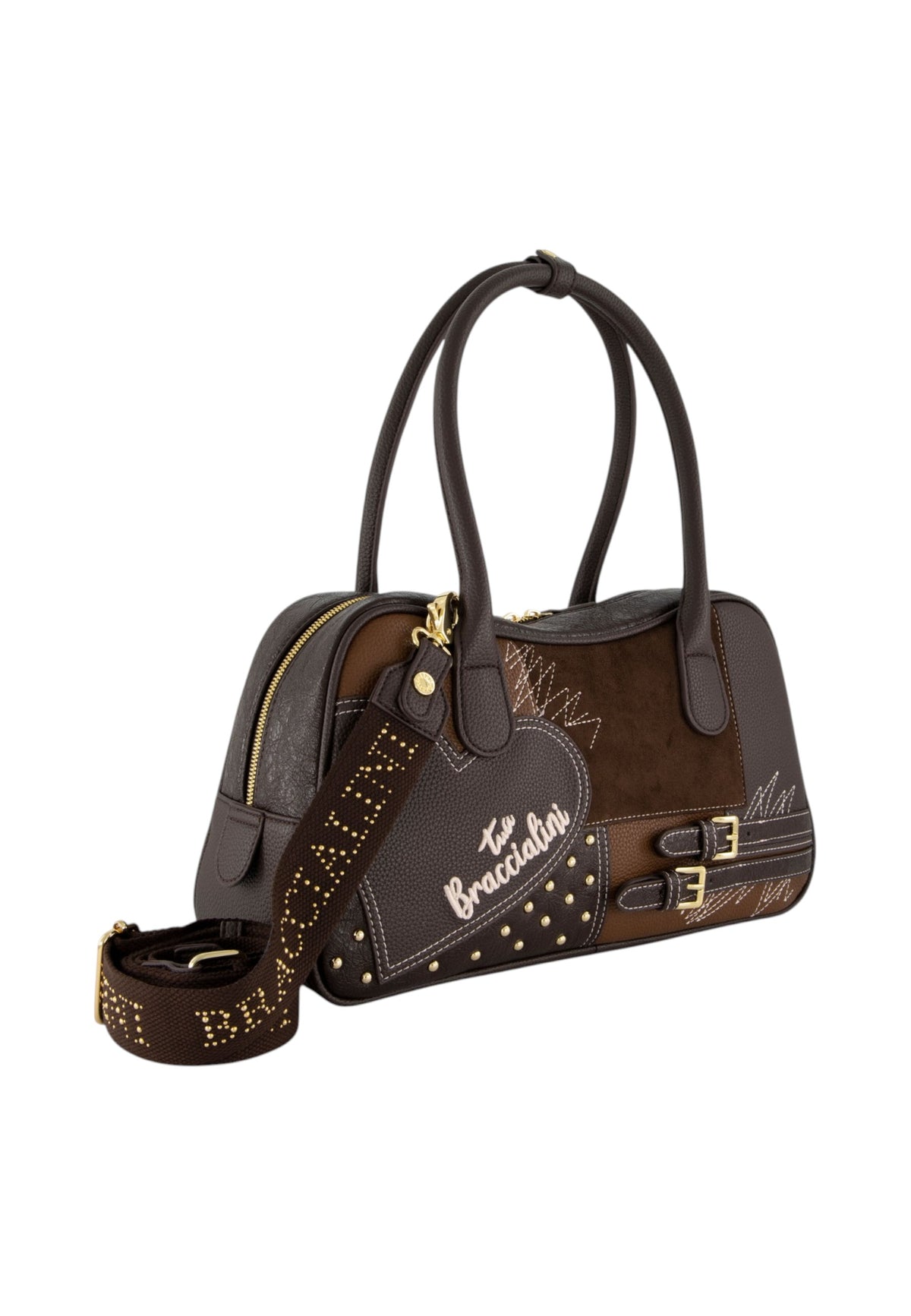 Borsa A Mano Donna Braccialini A Bauletto, Doppio con tracolla removibile e regolabile, Chiusura con zip, Una tasca interna portacellulare, Patchwork con maxi cuore e micro borchie, Dimensioni: 35 x 12.5 x 19 Cm Amy Patchwork B19204YY