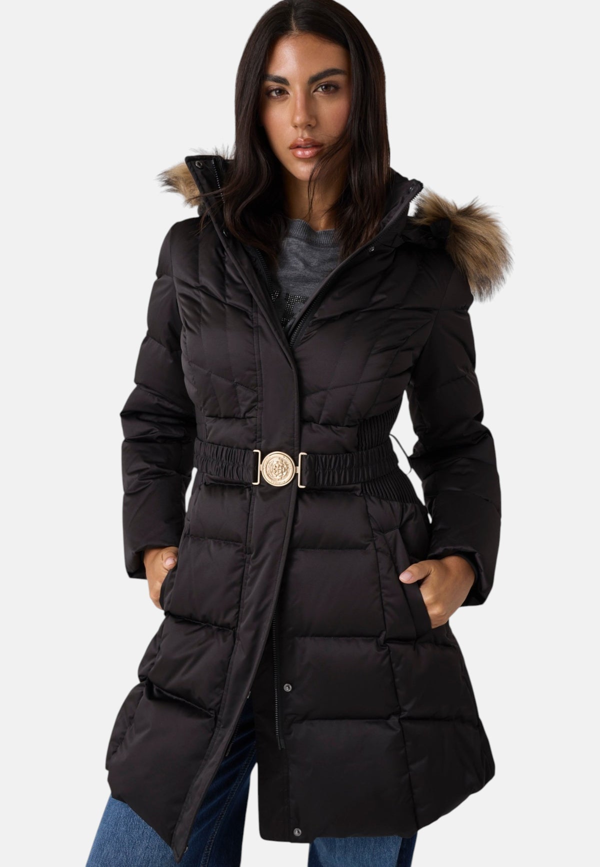 Piumino Lungo Donna Guess Con Cappuccio, Vera piuma New Marina W6BL37W4085