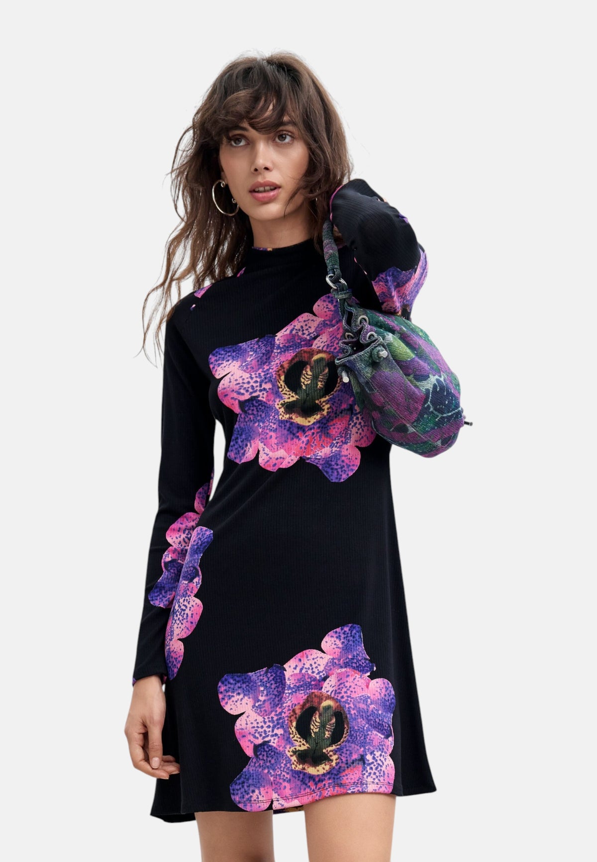 Vestito Corto Donna Desigual Collaborazione M. C. Lacroix, Motivo floreale, Fit regular, Manica lunga, Collo alto, Viscosa Lenzing EcoVero Orchidpurple 26WWVK03